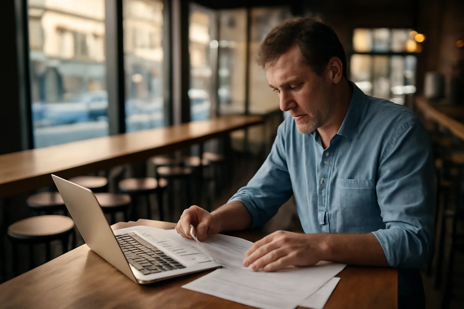 Restaurant owner reviewing documents at a bar counter while researching how to get a liquor license