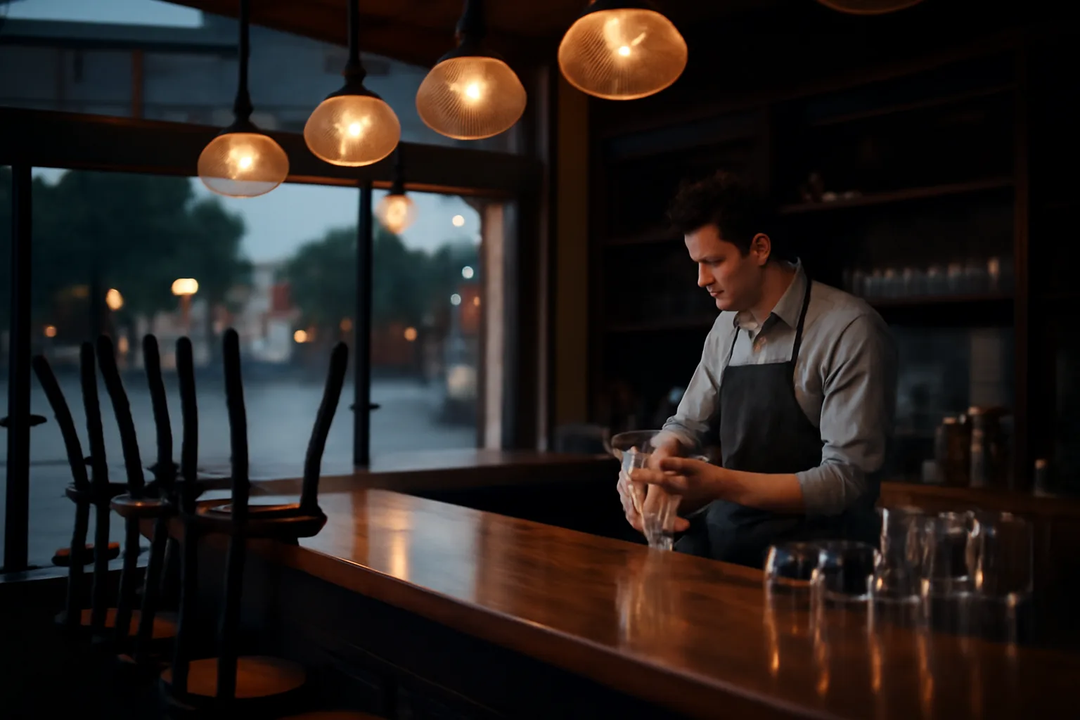 Bartender wiping glasses at an empty Tennessee restaurant bar before an ABC license is approved