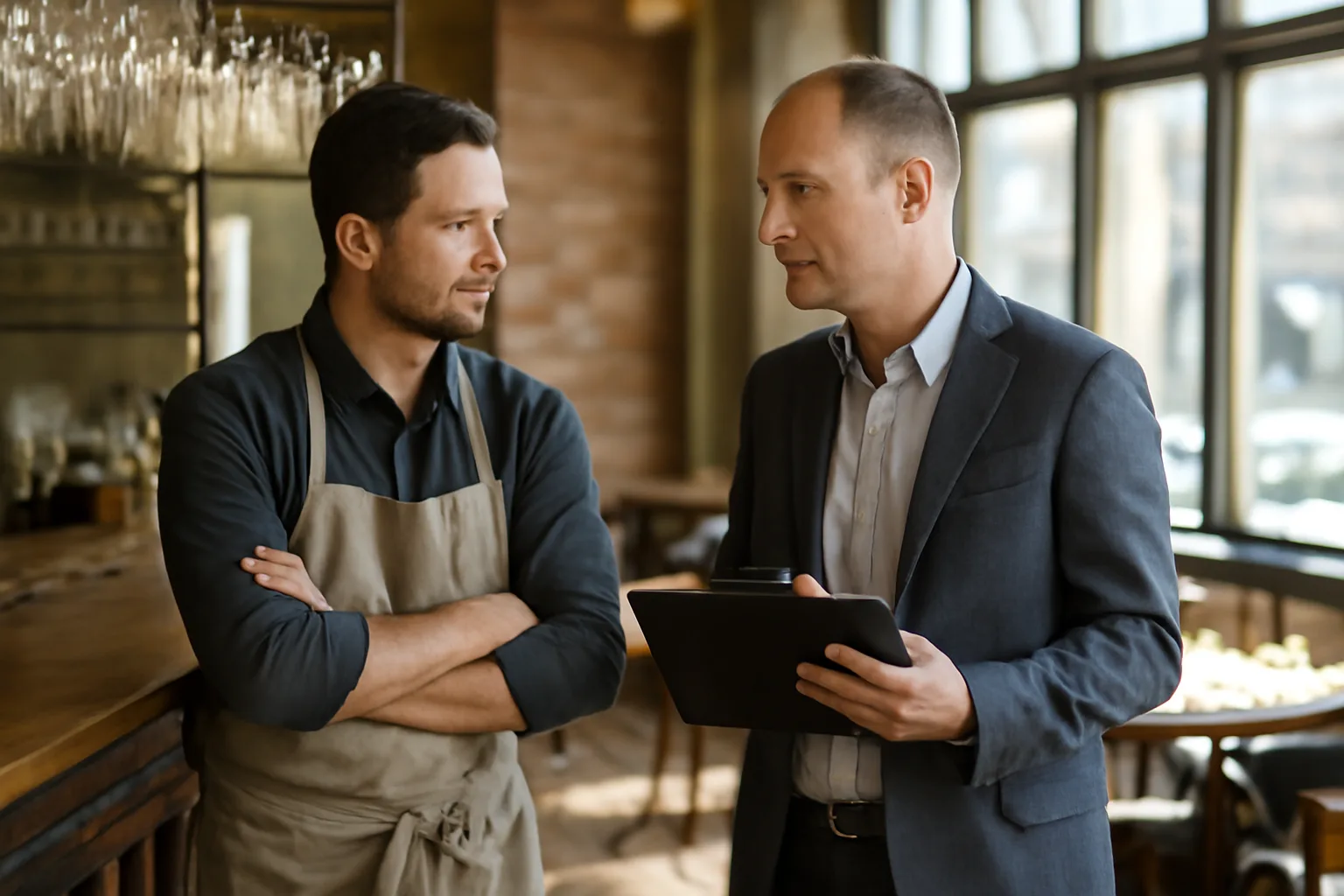 Restaurant owner discussing liquor license requirements with an inspector at an empty bar