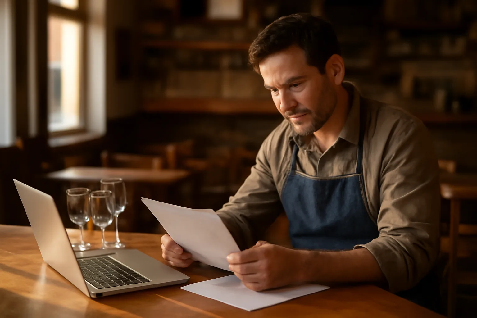 Restaurant owner reviewing alcohol permit paperwork at an empty bar counter