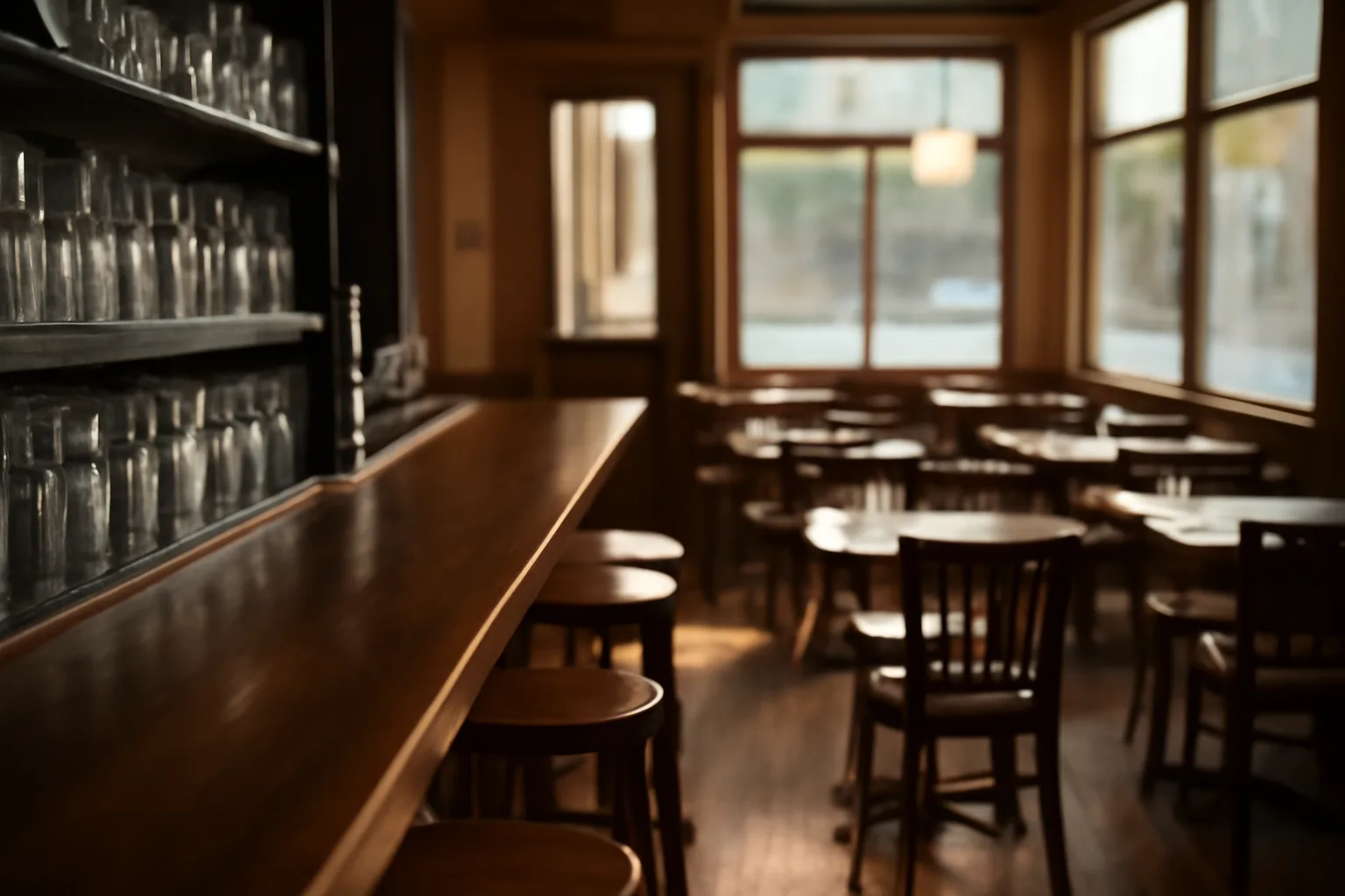 Empty restaurant bar with glassware, representing the process to get an Indiana liquor license