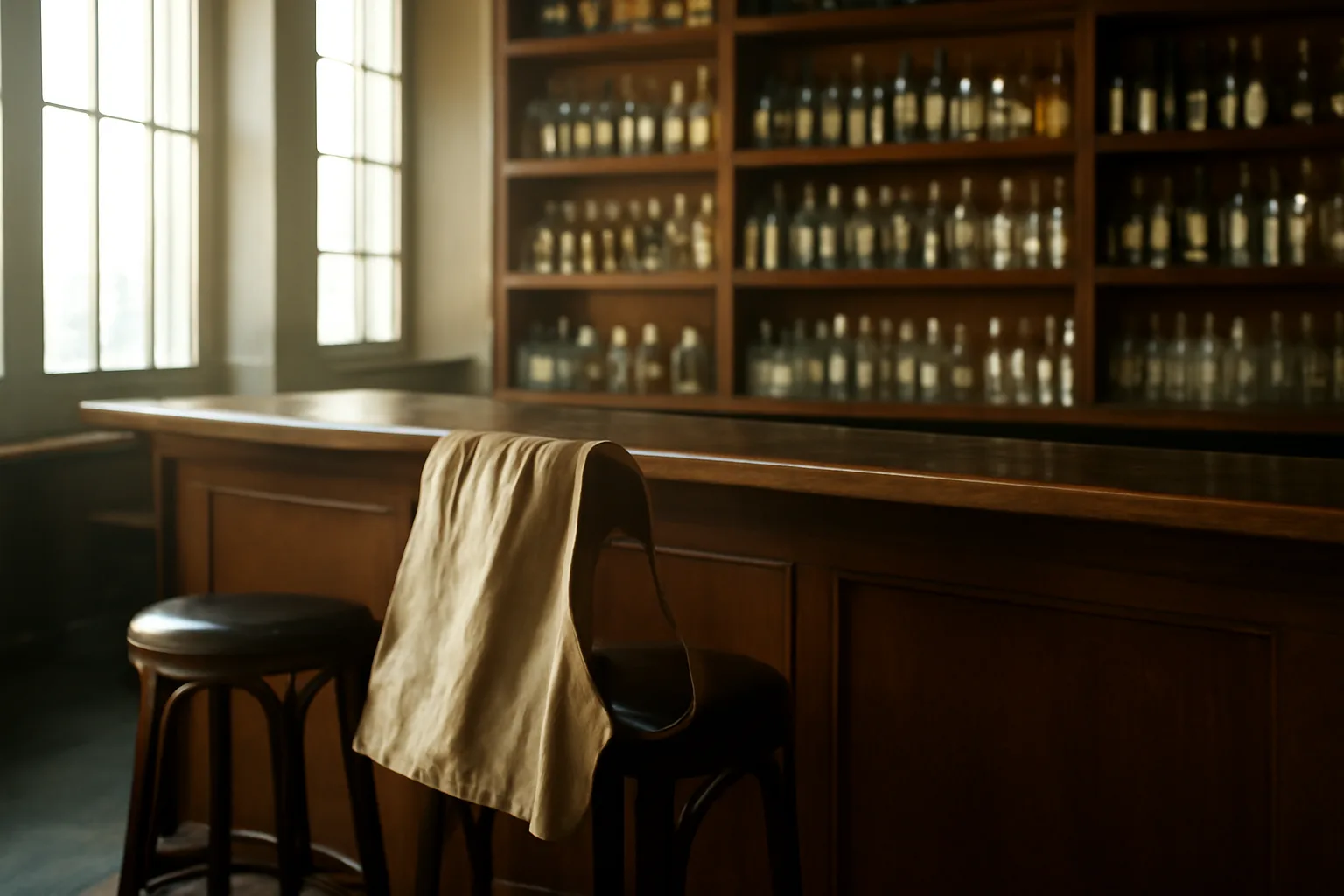 Empty restaurant bar in morning light before a liquor license inspection
