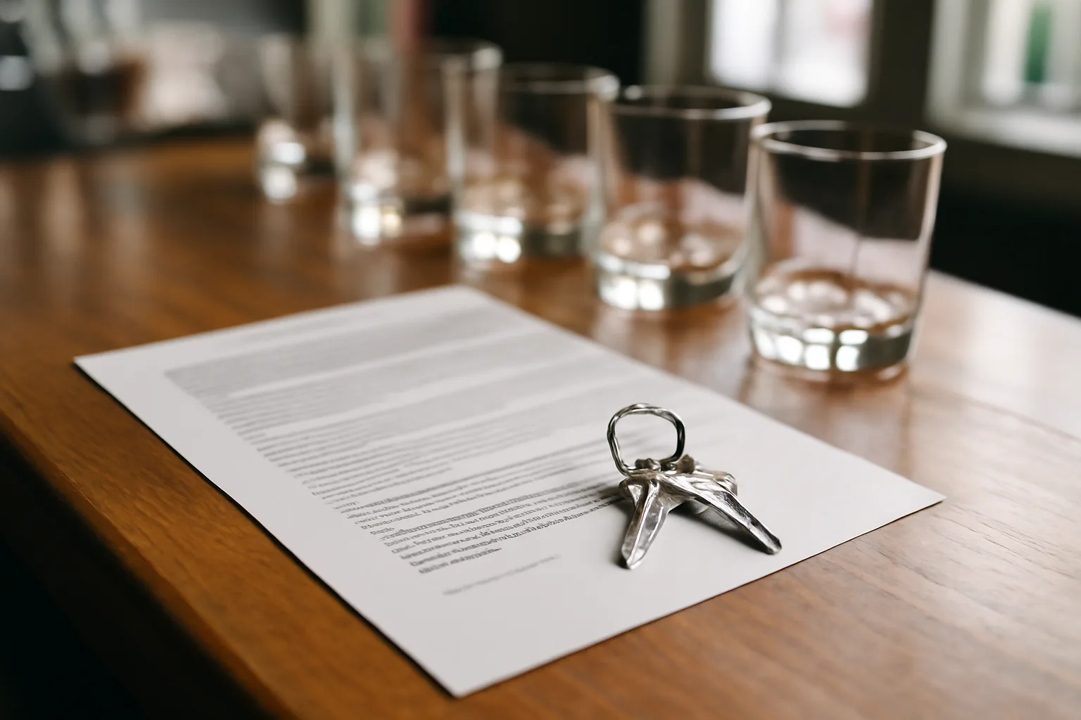 Empty bar counter with keys and glasses, representing opening a licensed Oklahoma bar