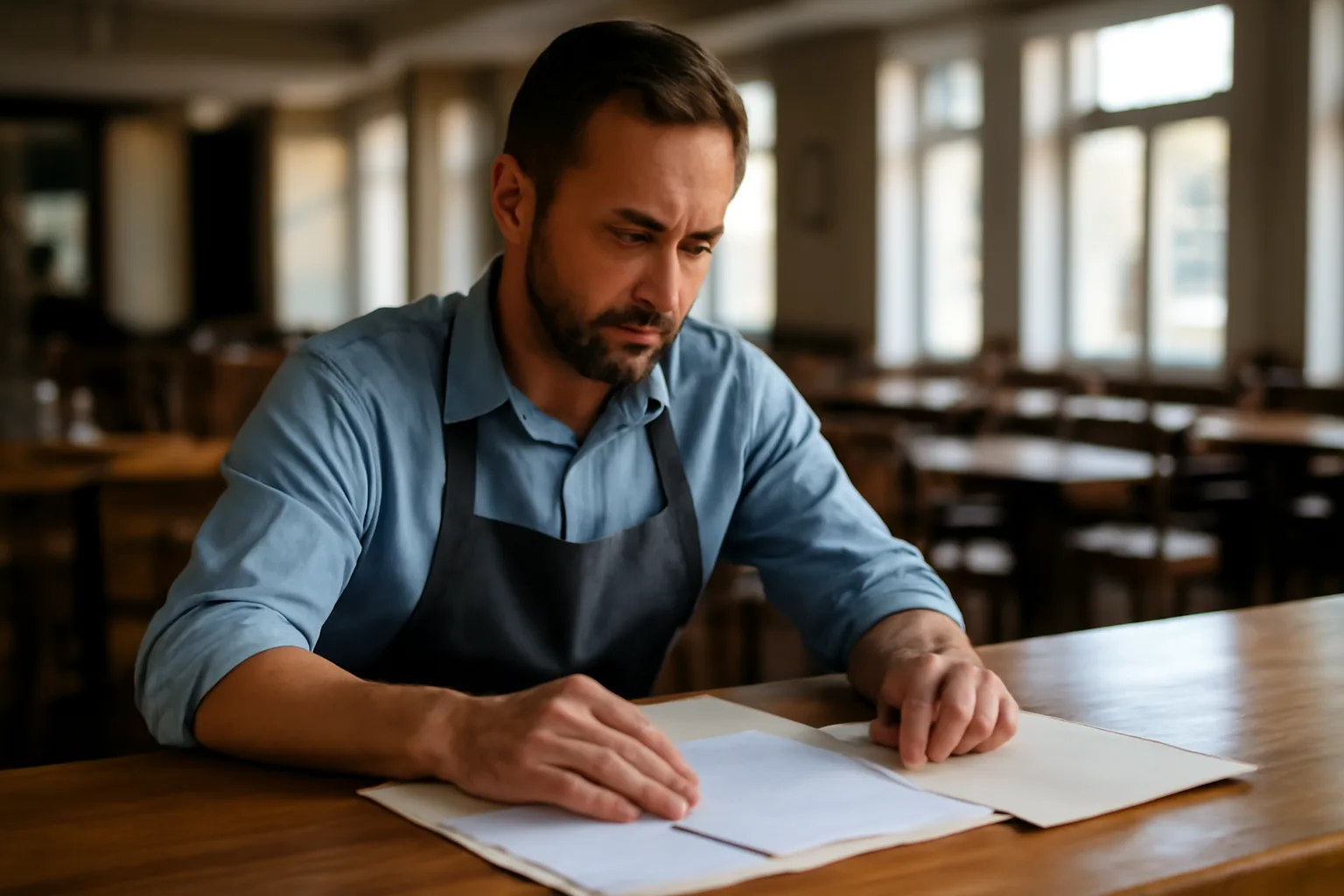 Restaurant owner reviewing documents at bar top while planning liquor license application