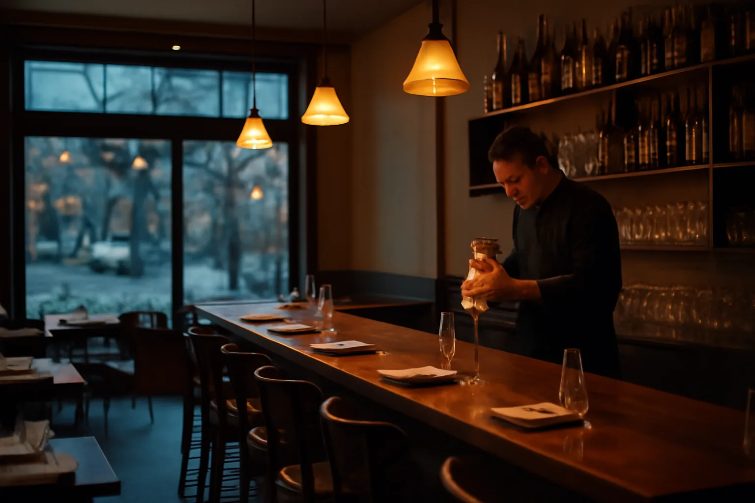 Bartender preparing a bar counter in a New Jersey restaurant awaiting liquor license approval