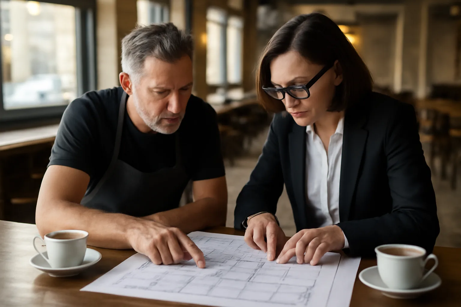 Restaurant owner and advisor reviewing floor plan at bar before liquor license opening