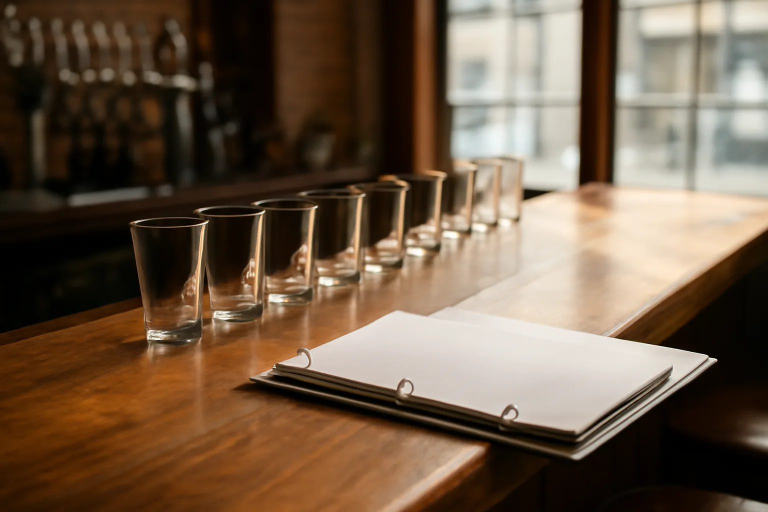 Empty restaurant bar counter with paperwork nearby, representing the PA liquor license process