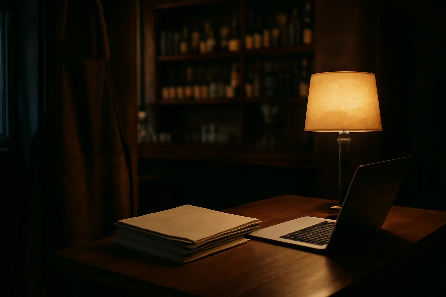 Bar owner's desk at night with paperwork, representing the liquor license application process