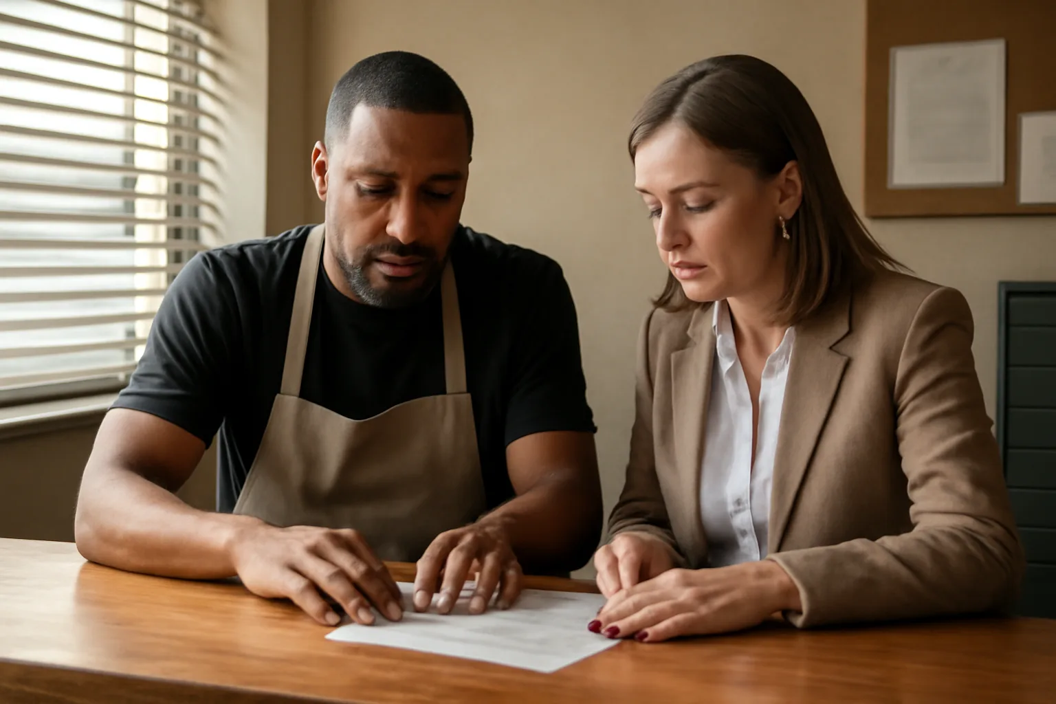 Restaurant owner discussing liquor license application with a city licensing clerk
