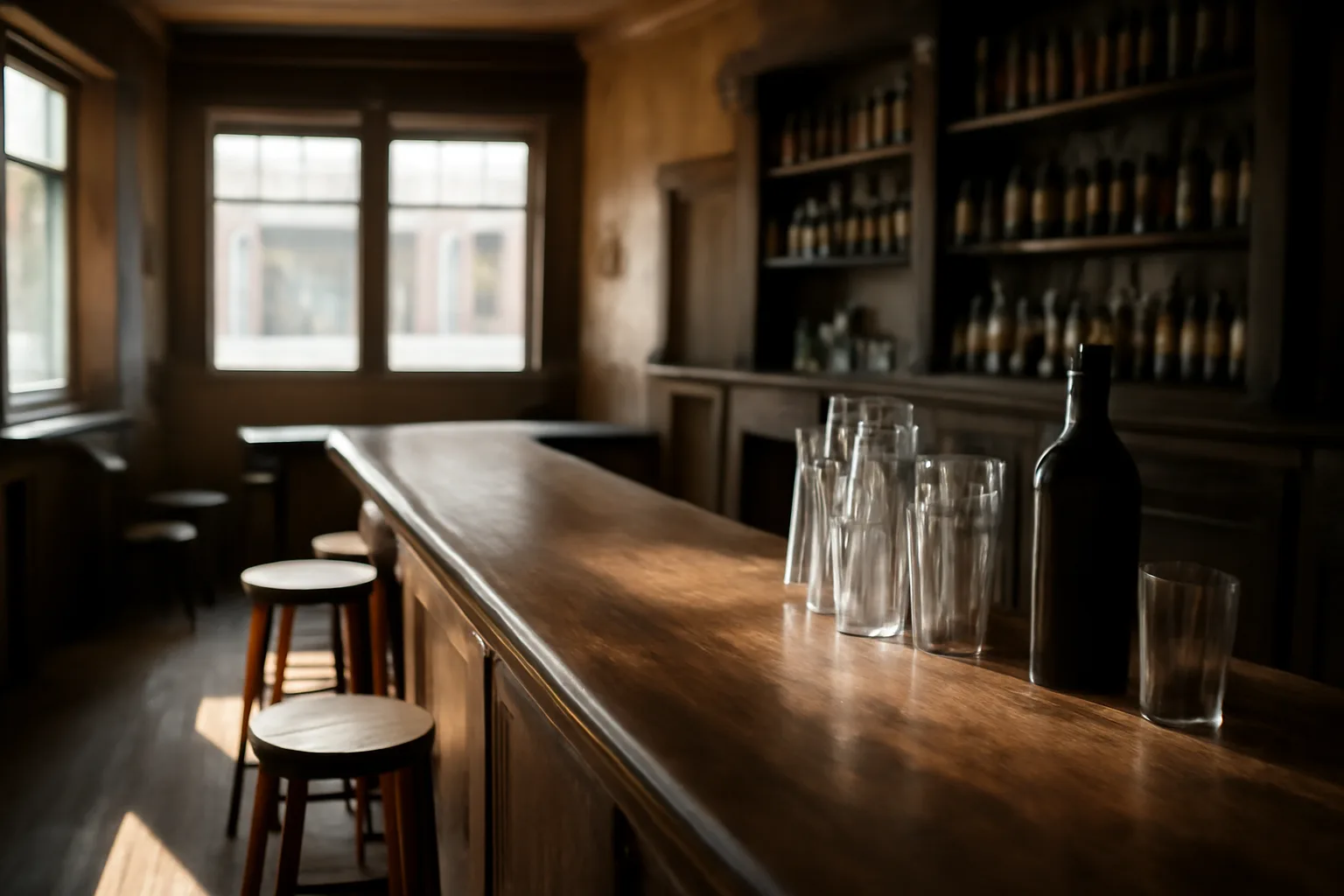 Empty Illinois tavern interior with sunlit wood bar and bottle shelf