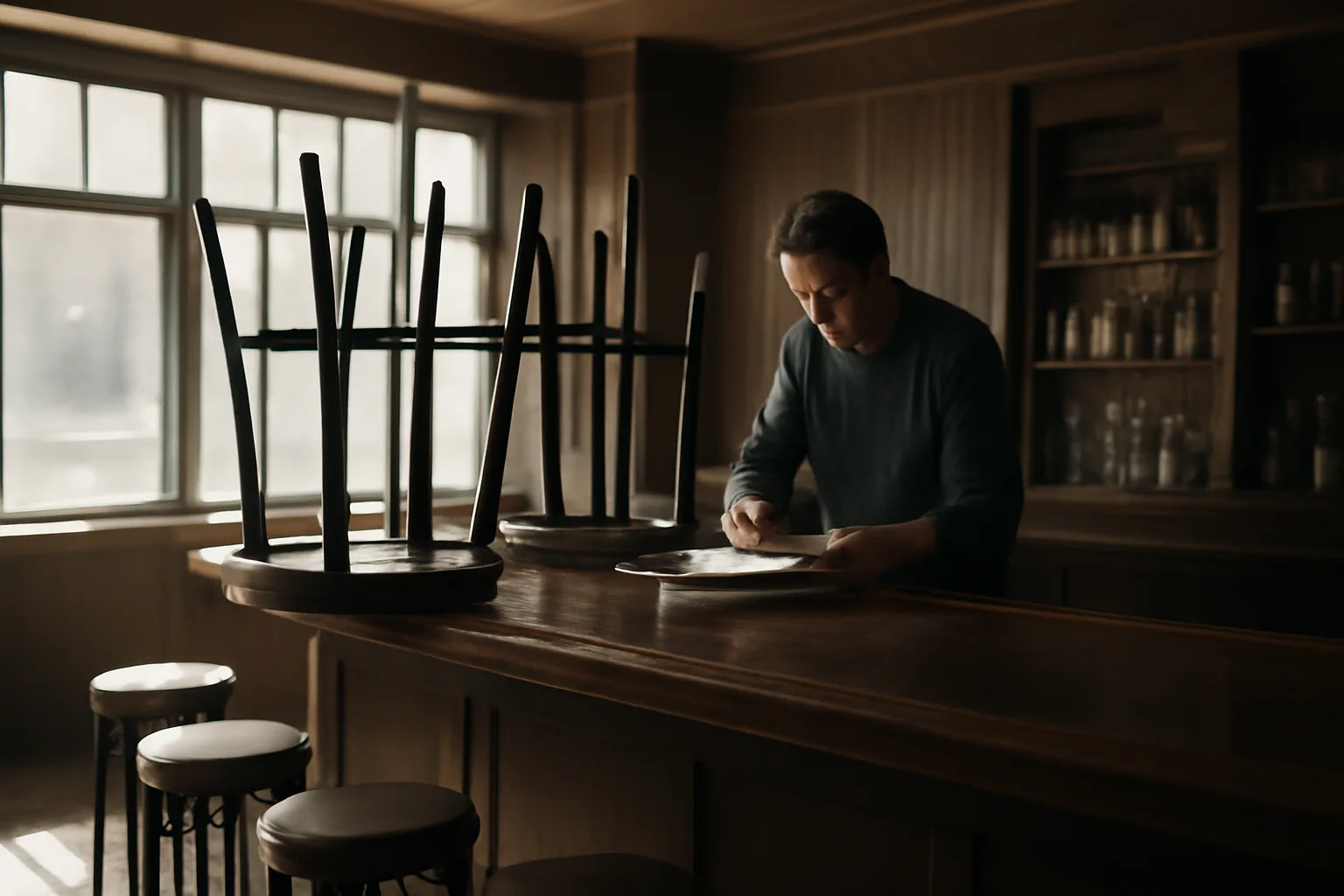 Empty Illinois tavern interior before opening, owner reviewing paperwork at the bar counter