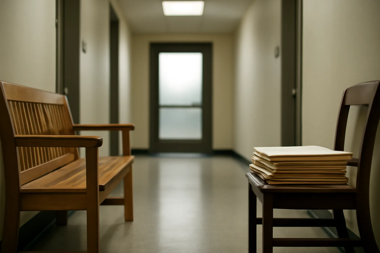 Empty municipal license office hallway representing state licensing bureaucracy and paperwork