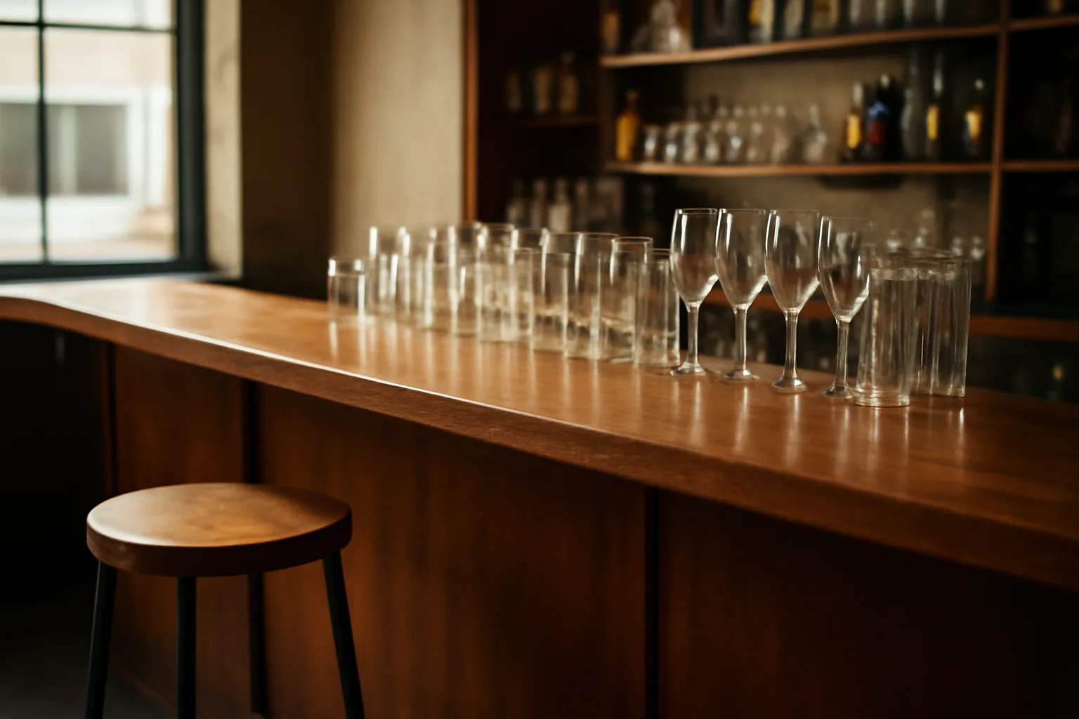 Empty restaurant bar counter with glassware in soft daylight, representing Indiana alcohol licensing