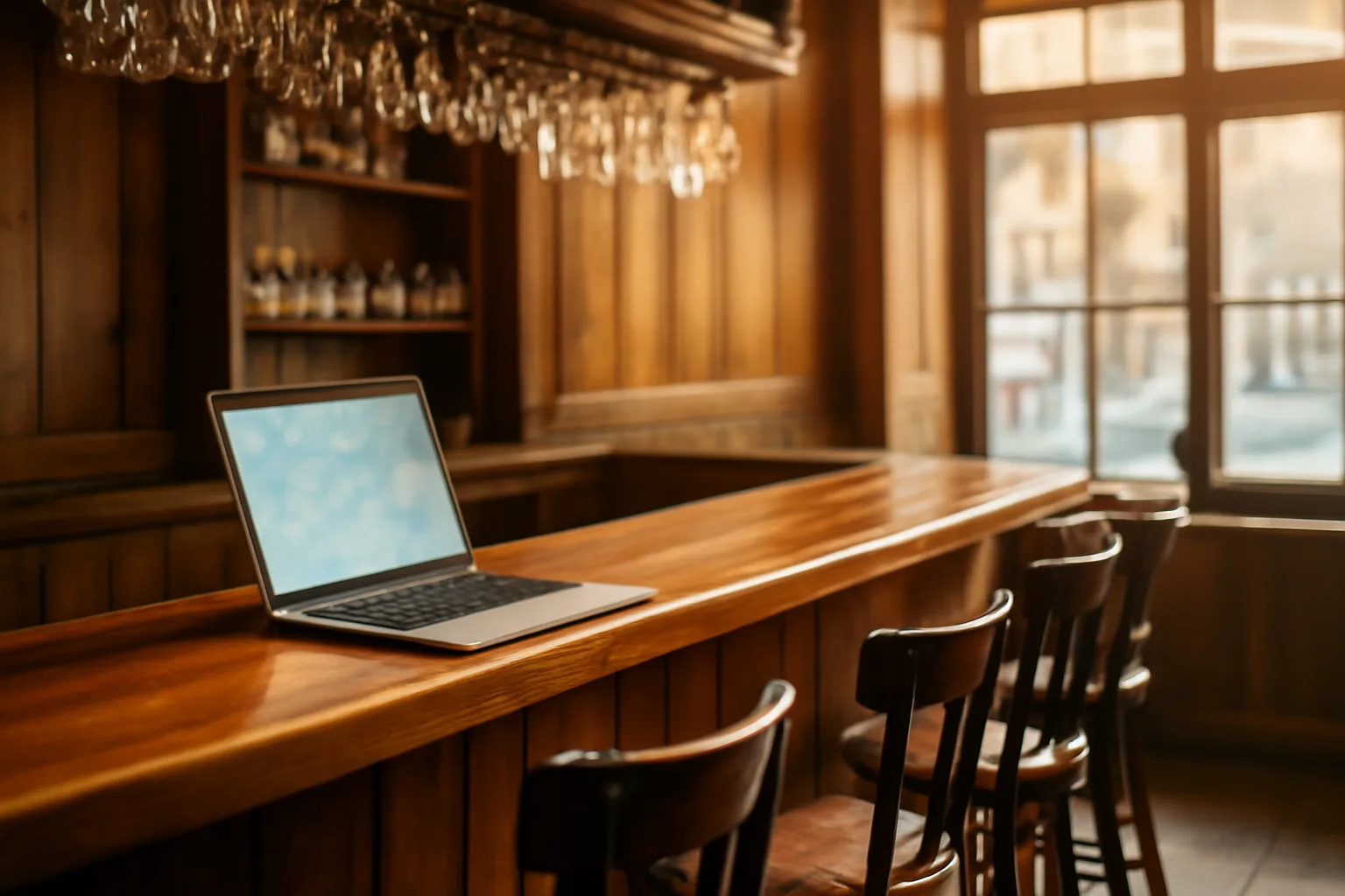 Empty restaurant bar with laptop open, representing an Indiana liquor license lookup