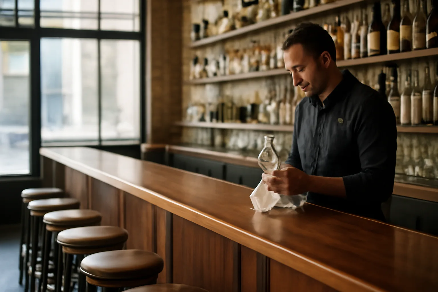 Empty restaurant bar with bartender preparing before an Indiana liquor permit inspection