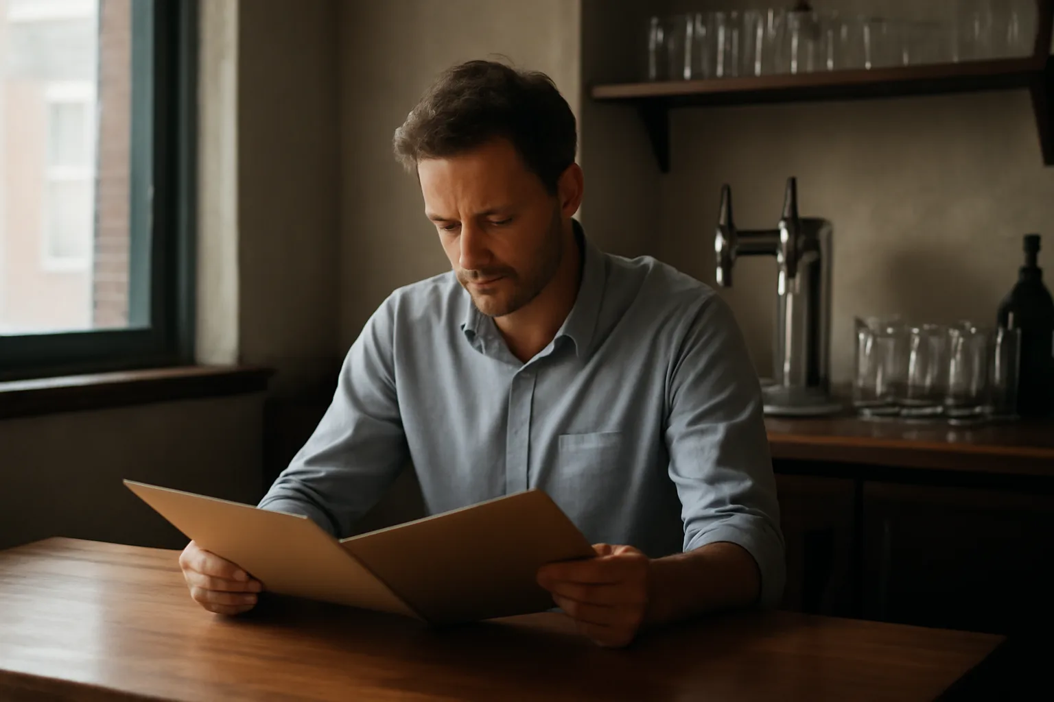 Bar owner reviewing renewal paperwork at a desk before an Indiana liquor license deadline