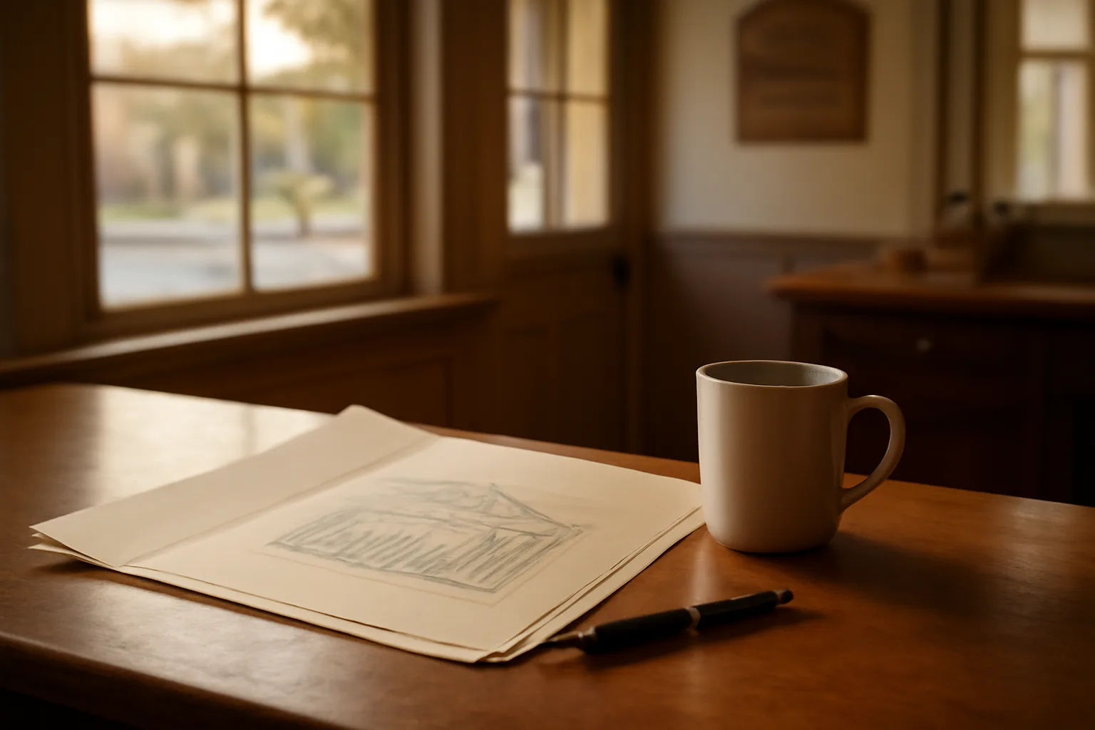 City clerk office counter with an open folder and building diagram for an Iowa alcohol license application