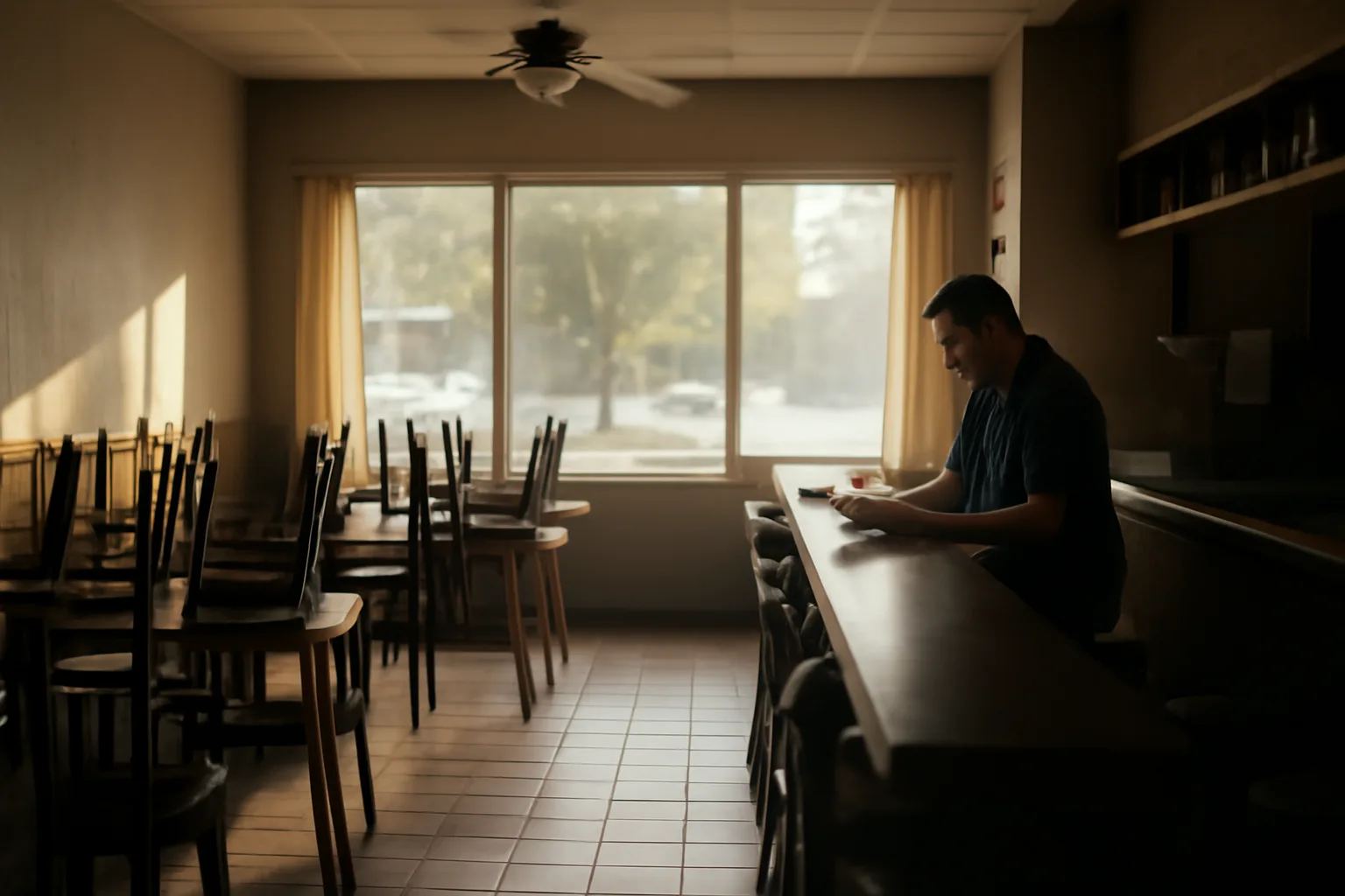 Restaurant owner reviewing paperwork at an empty bar before opening, Iowa liquor license process