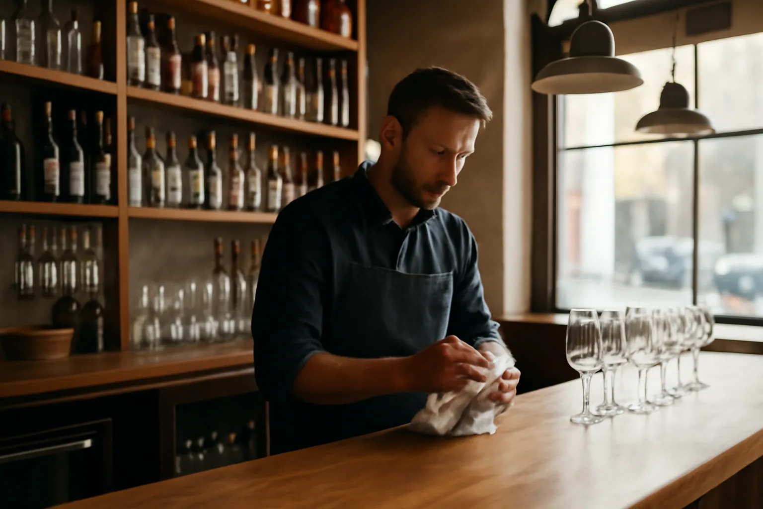 Bartender preparing a Kansas restaurant bar before its licensed opening day