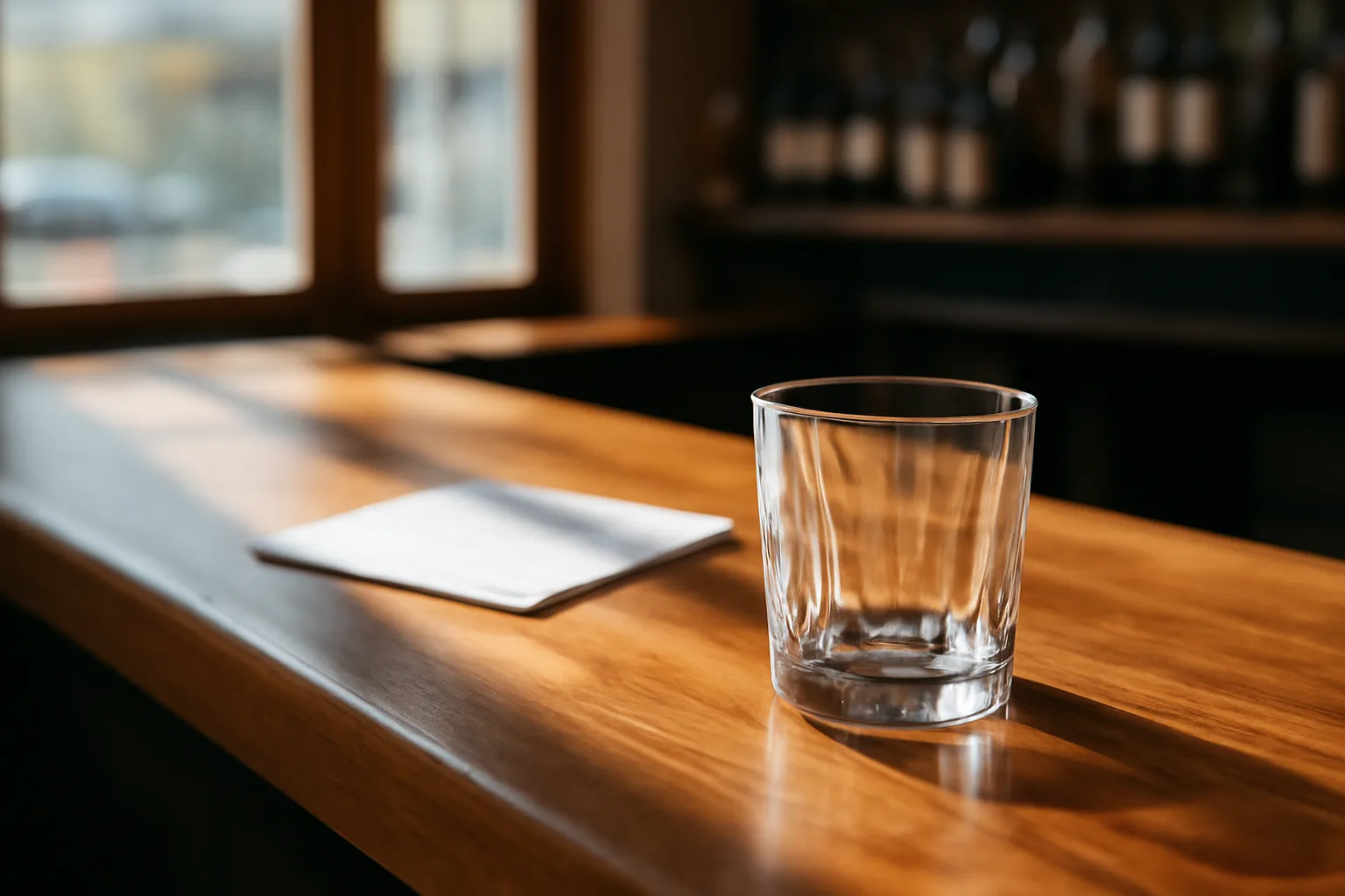 Sunlit empty bar counter representing the Kansas liquor license application process