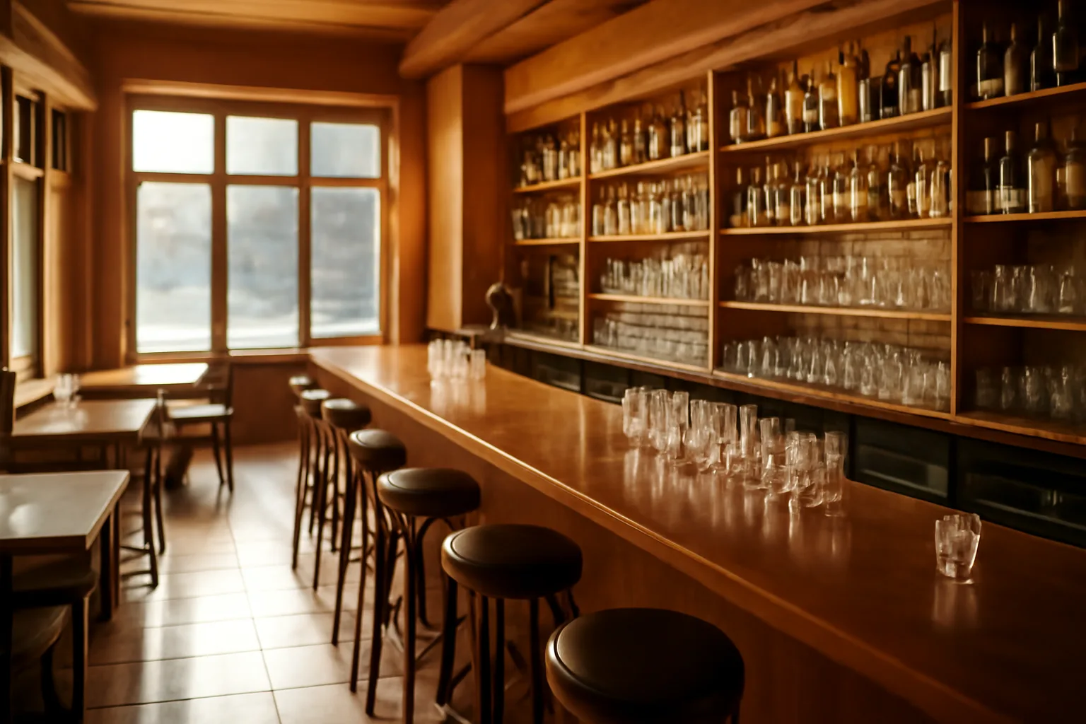Empty restaurant bar interior showing shelving relevant to Kentucky alcohol beverage control licensing