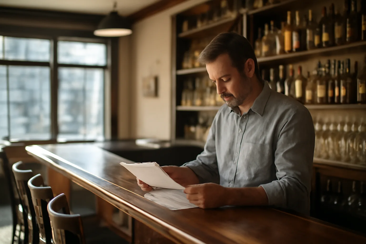 Restaurant owner reviewing paperwork at an empty bar before opening under Kentucky alcoholic beverage control rules