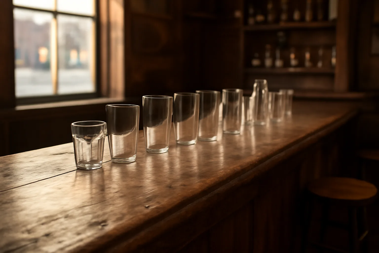 Sunlit wooden bar counter with empty glasses in a Kentucky tavern