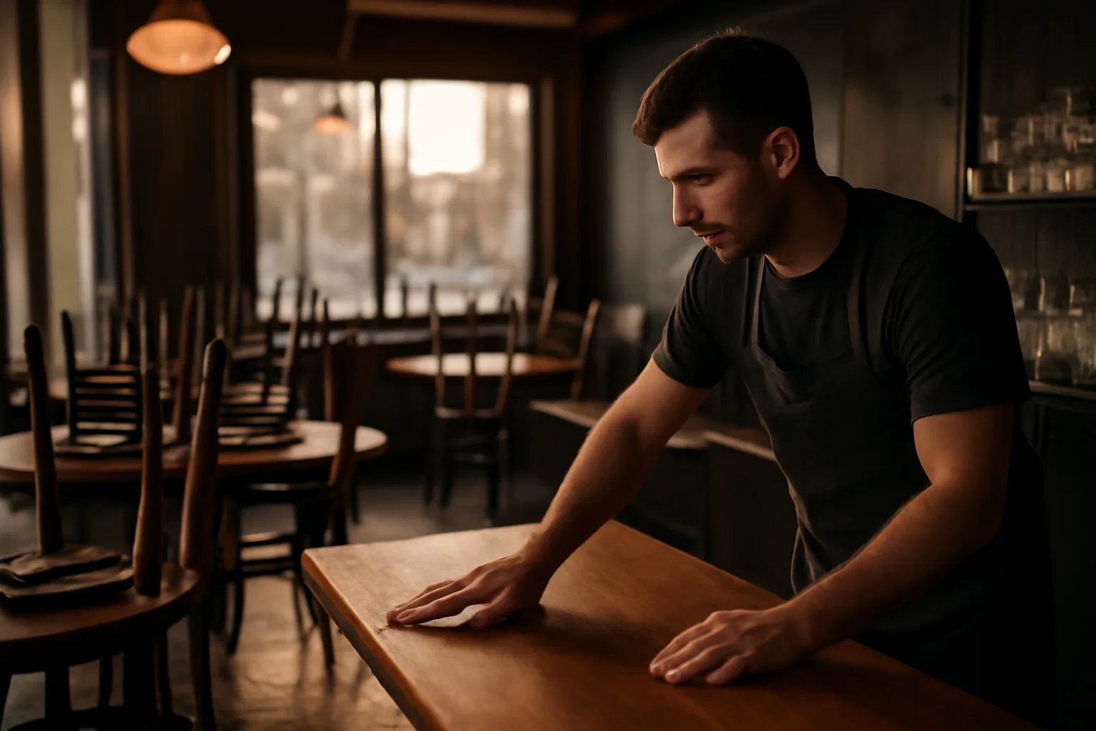 Bartender preparing an empty restaurant bar before opening, Kentucky liquor license context