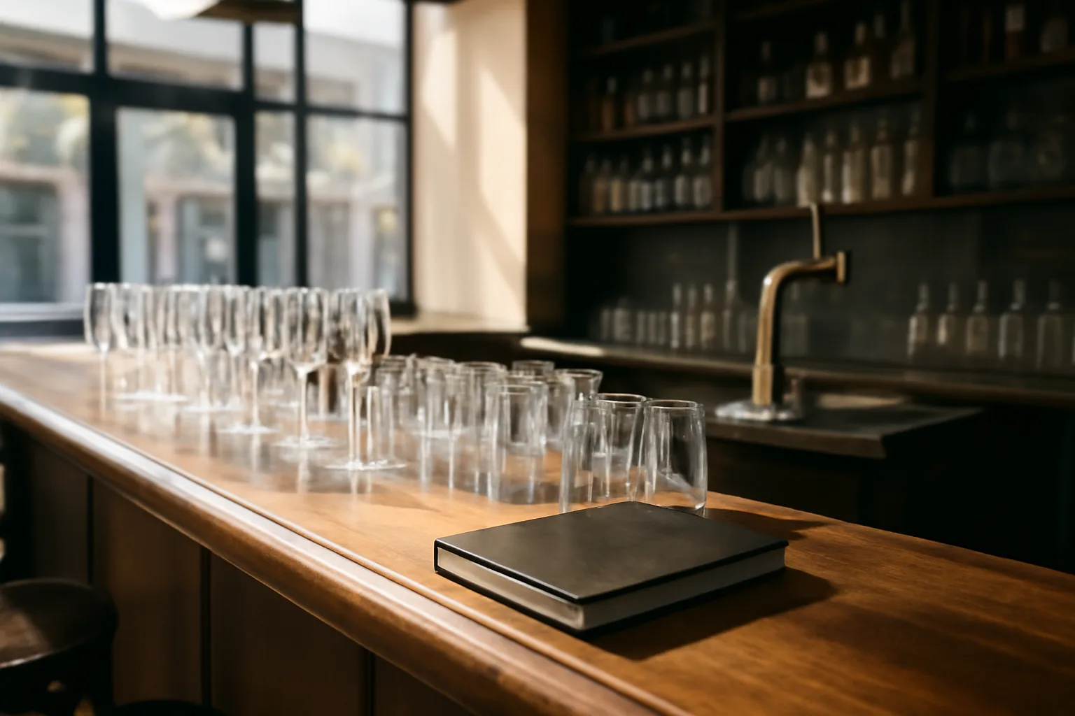 Empty restaurant bar counter with glassware, representing liquor license planning before opening
