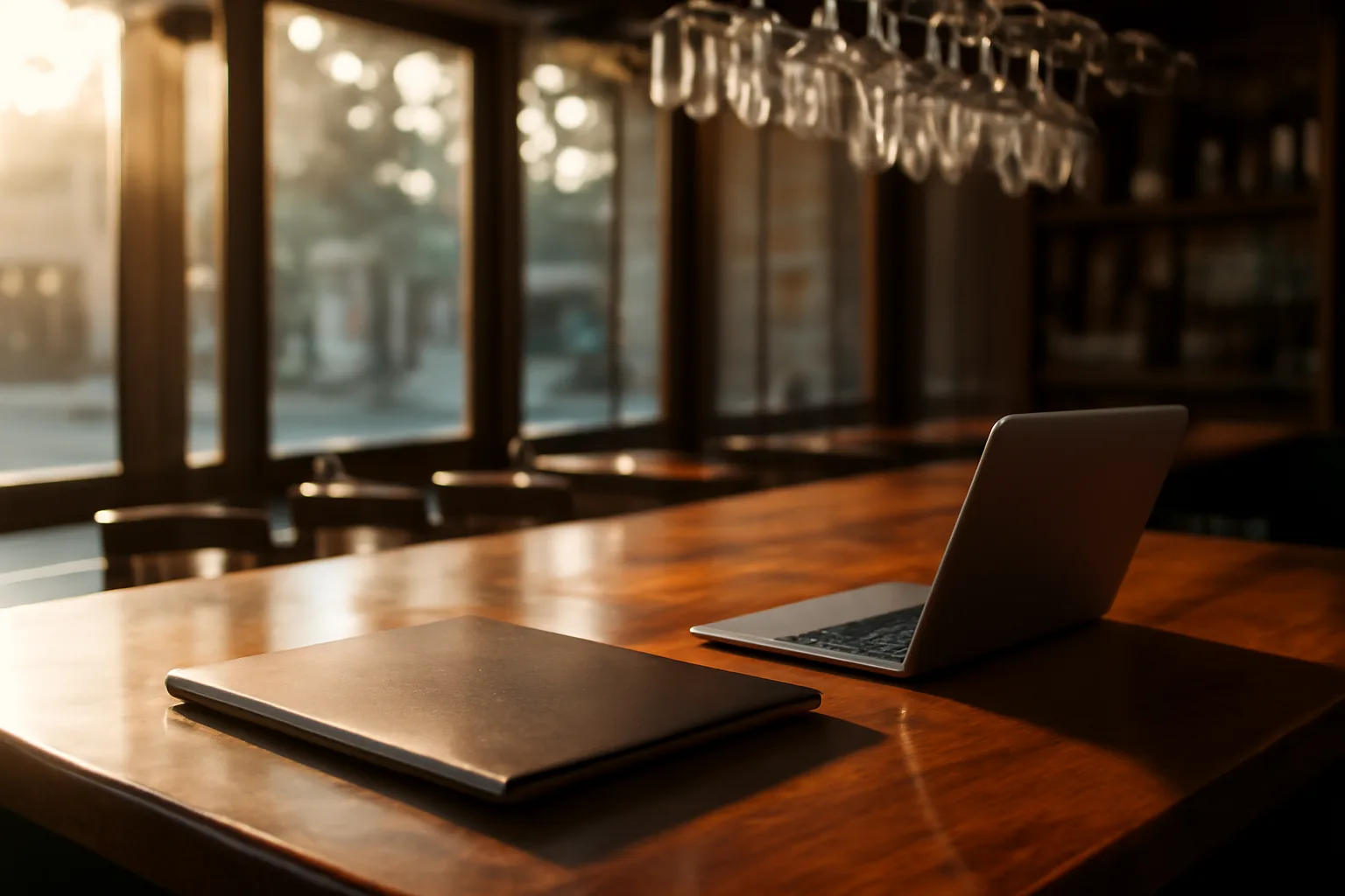 Empty restaurant bar counter at sunrise with paperwork and laptop before opening