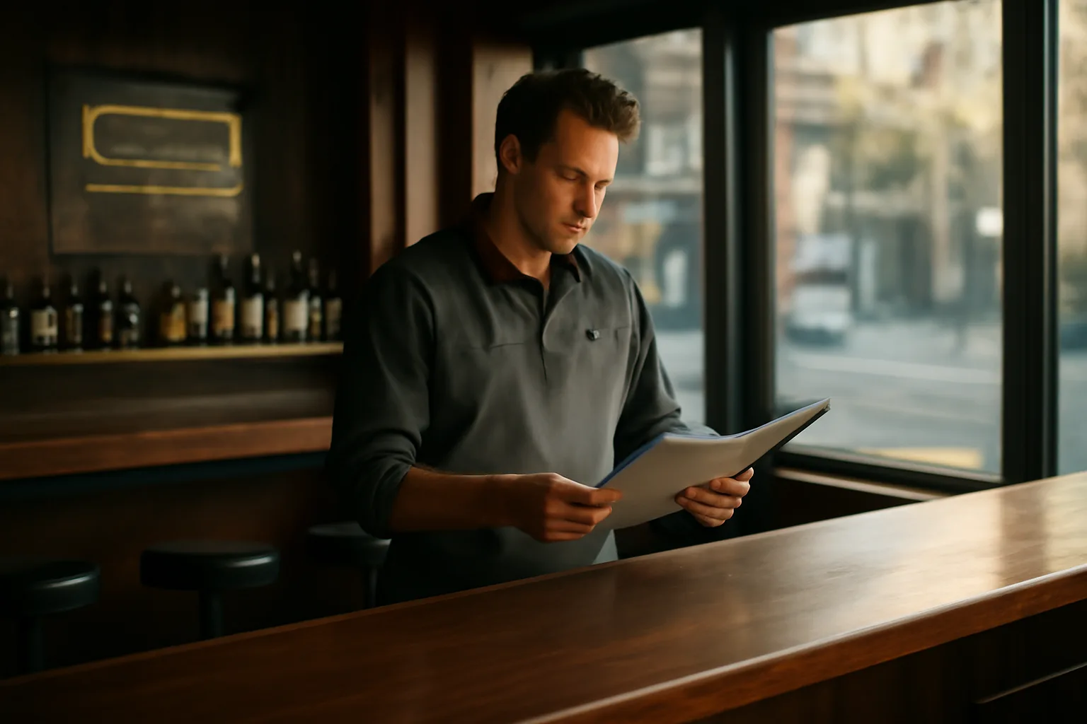 Restaurant owner reviewing liquor license paperwork at an empty bar before opening