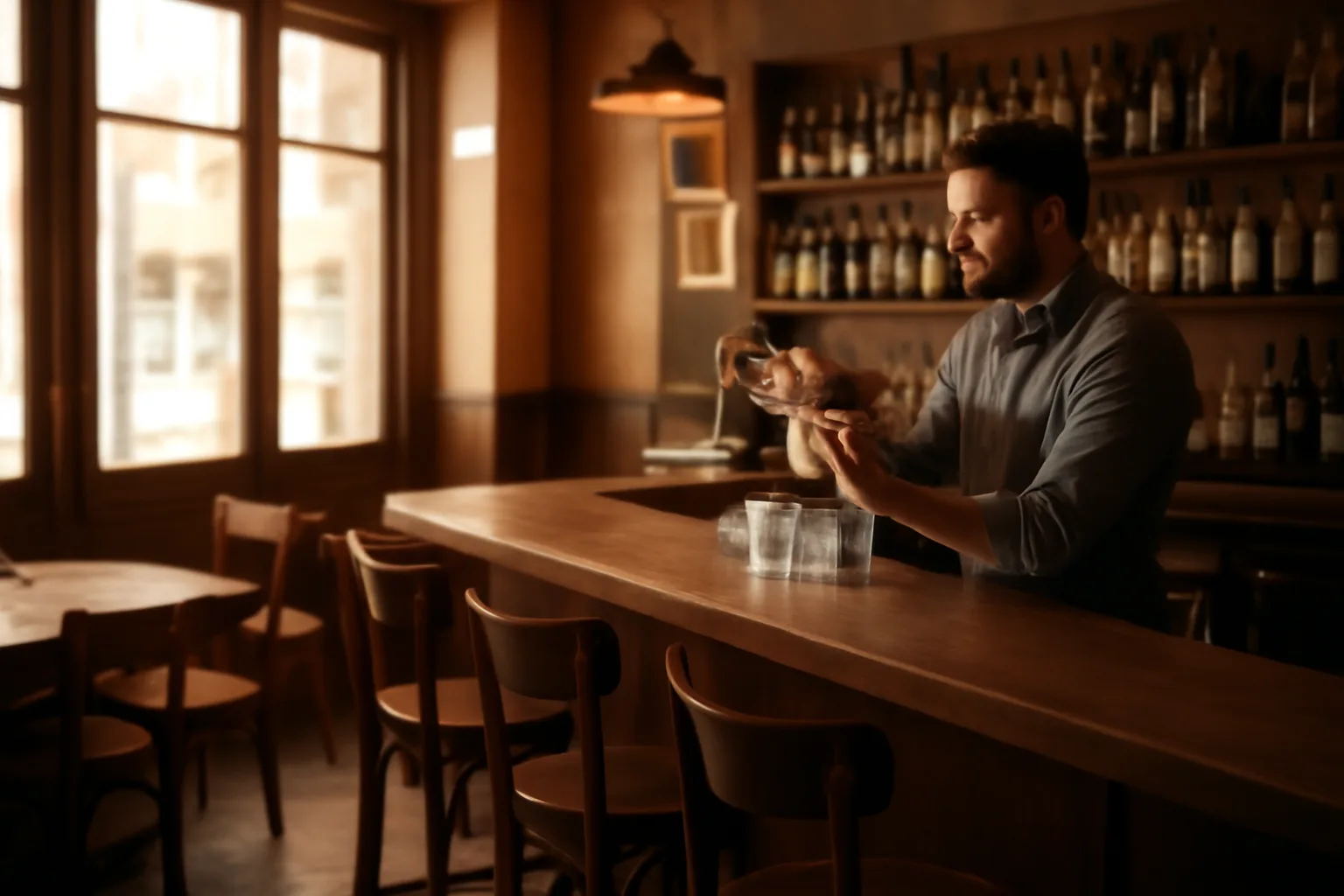 Bartender polishing glassware behind a bar counter in a sunlit restaurant