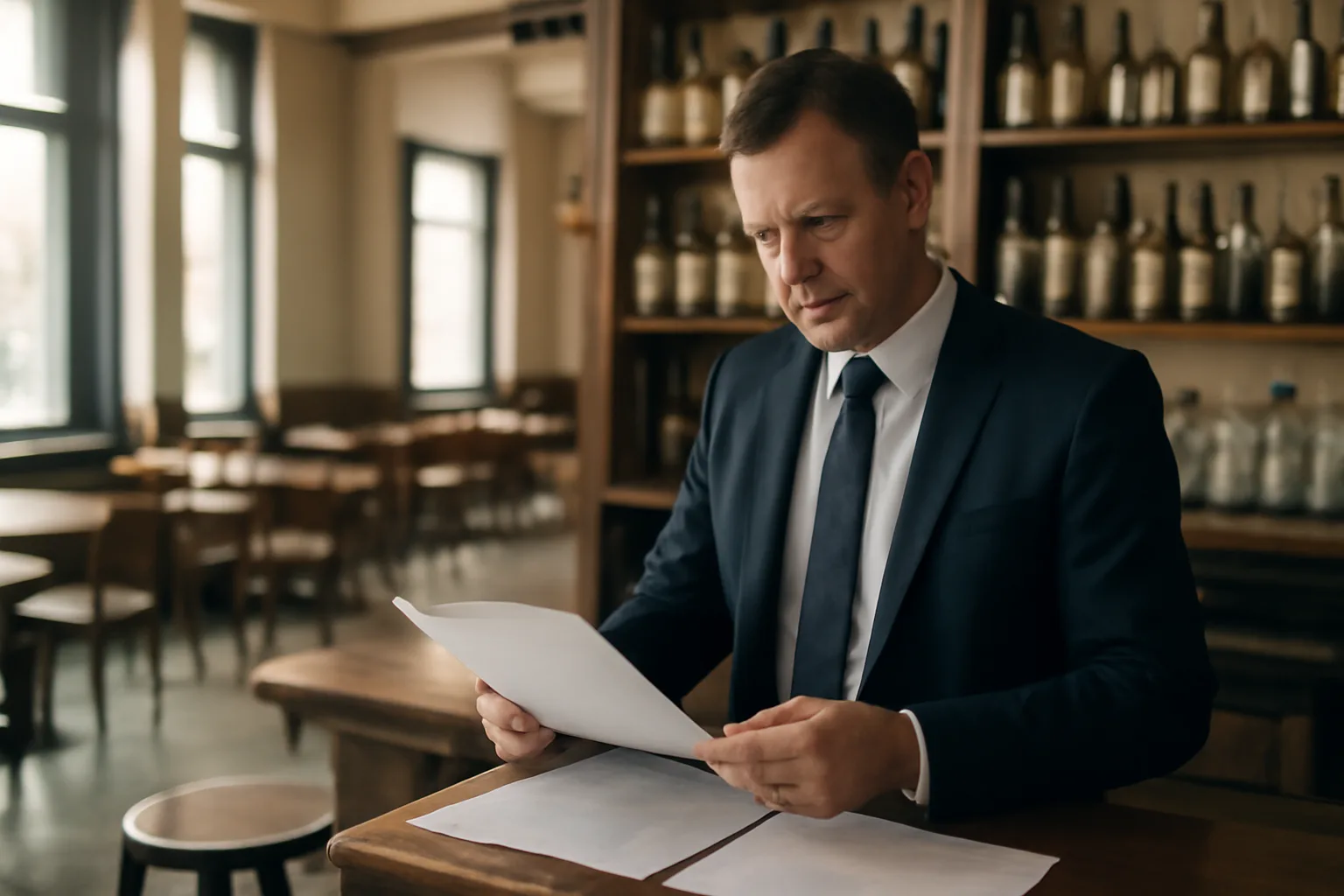 restaurant manager reviewing liquor license paperwork at empty bar before opening