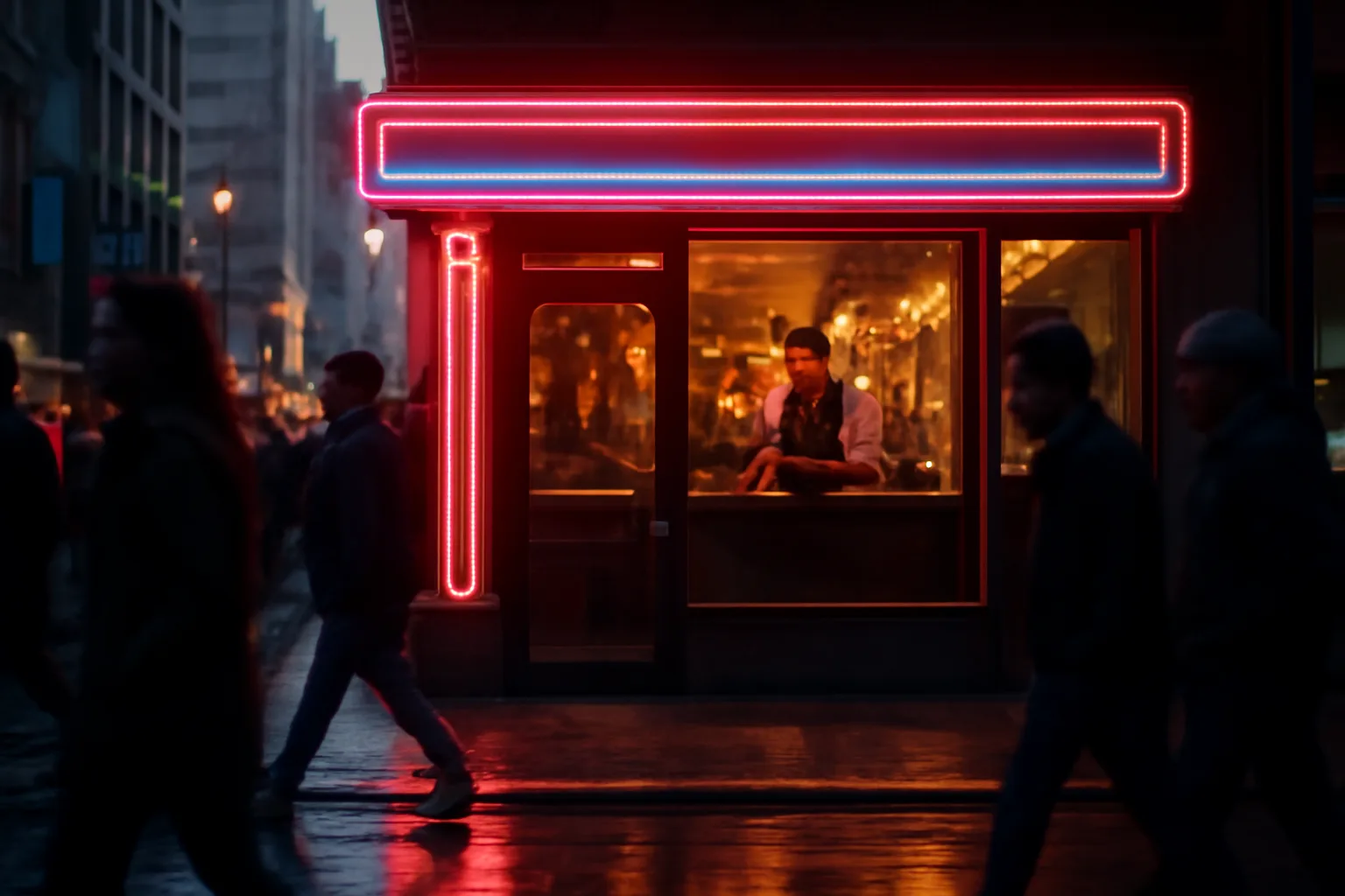 Neon-lit bar entrance near Times Square at dusk with pedestrians passing by