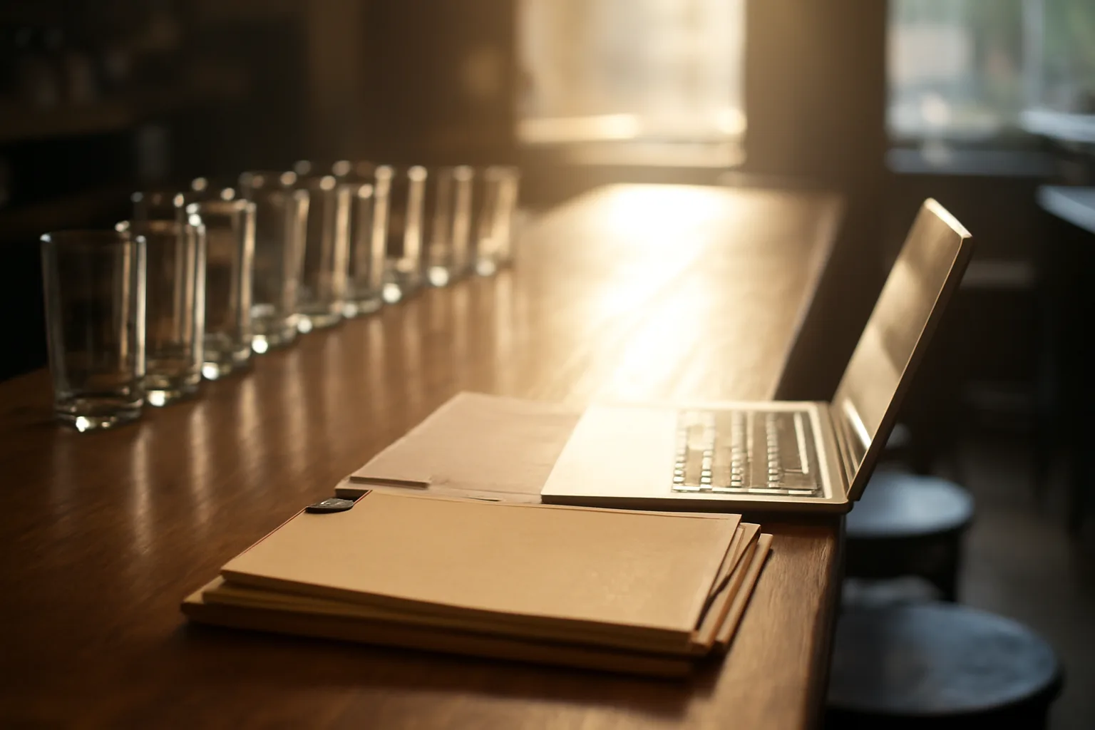 Empty bar counter with paperwork and laptop before a liquor authority inspection