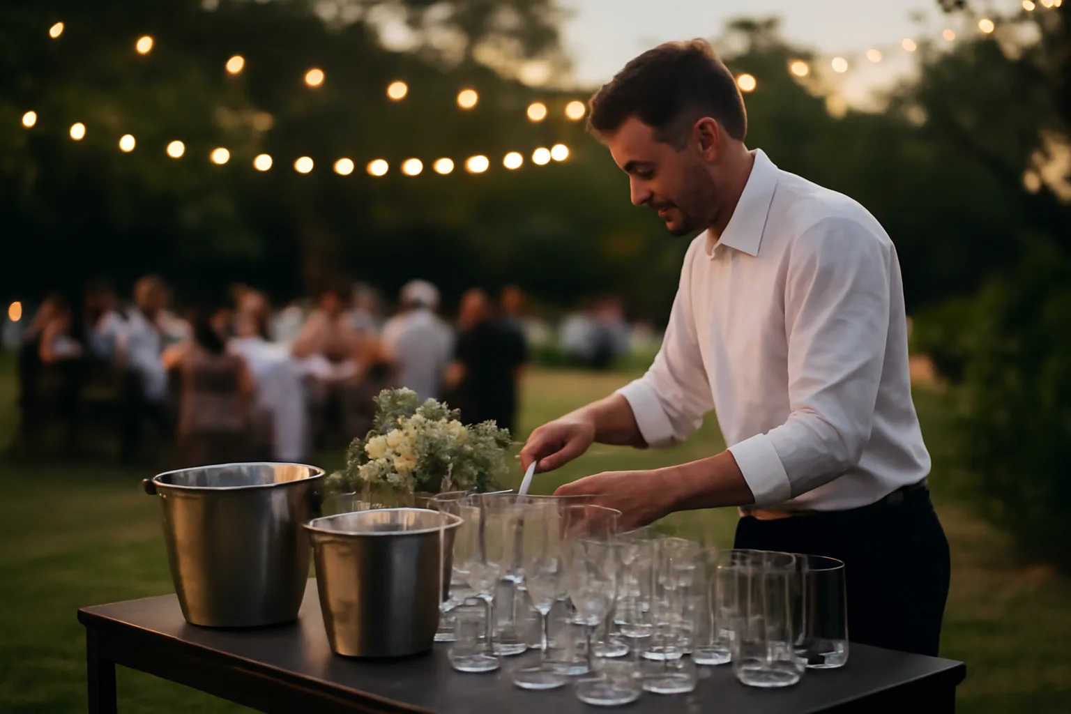 Caterer setting up an outdoor bar station for an evening wedding event