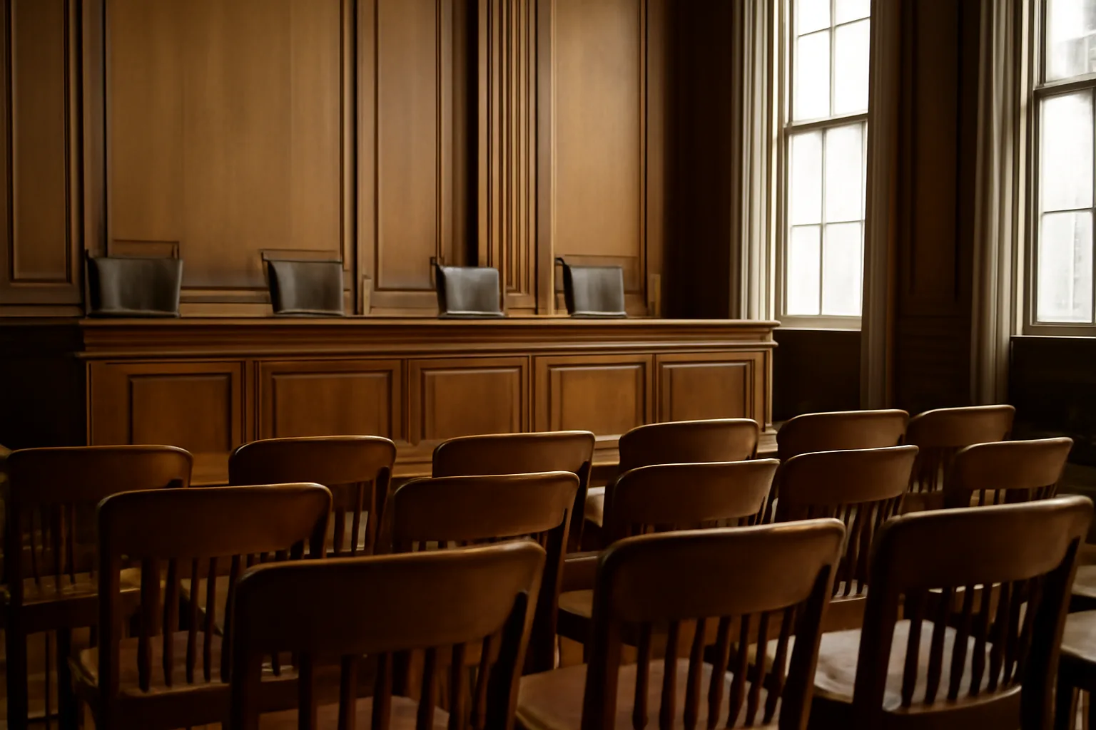 Empty government hearing room where a state liquor commission holds license review meetings