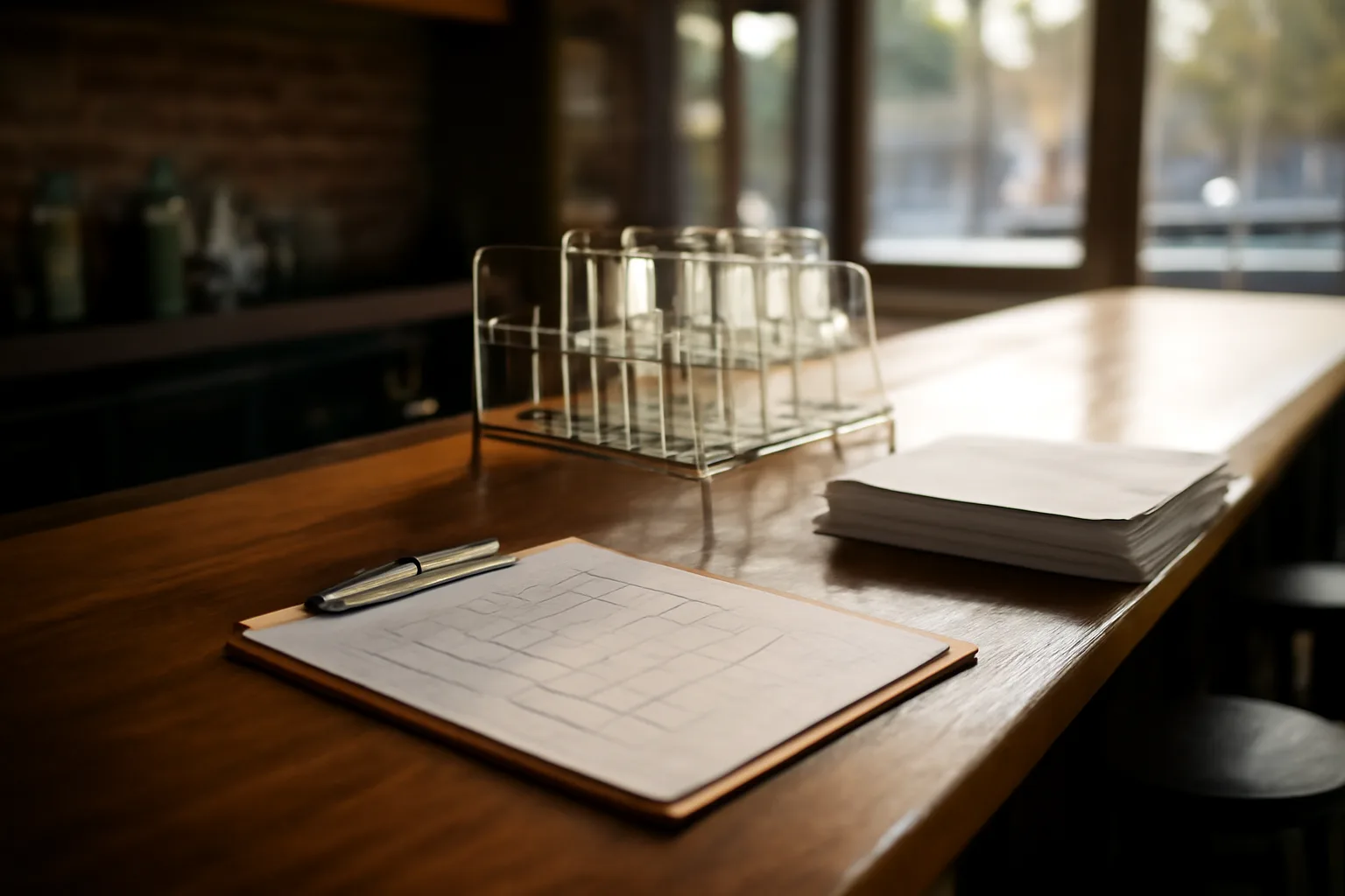 Empty bar counter with permits and a floor plan awaiting liquor control board approval