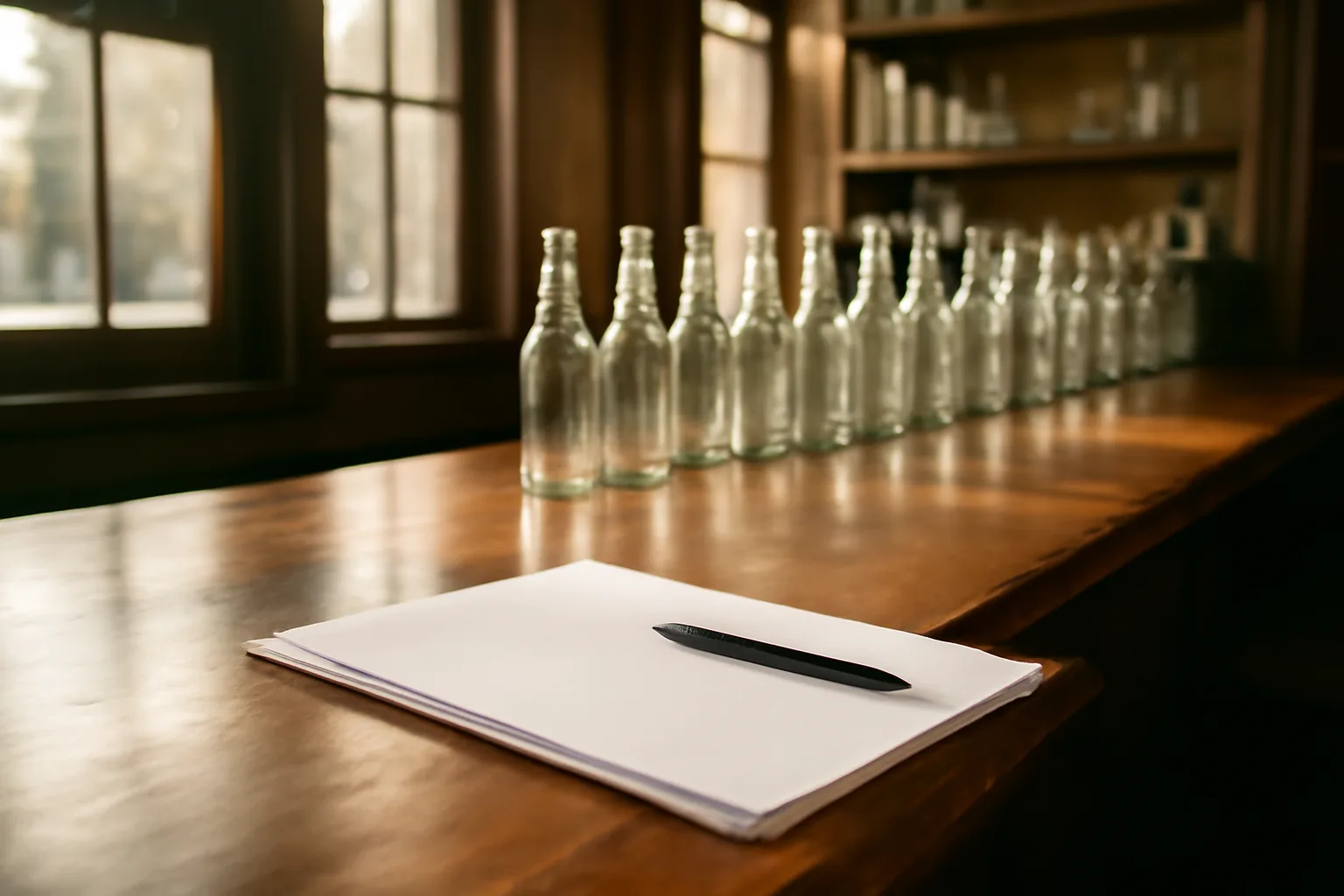 Empty bar counter with bottles and blank paperwork representing liquor department licensing process