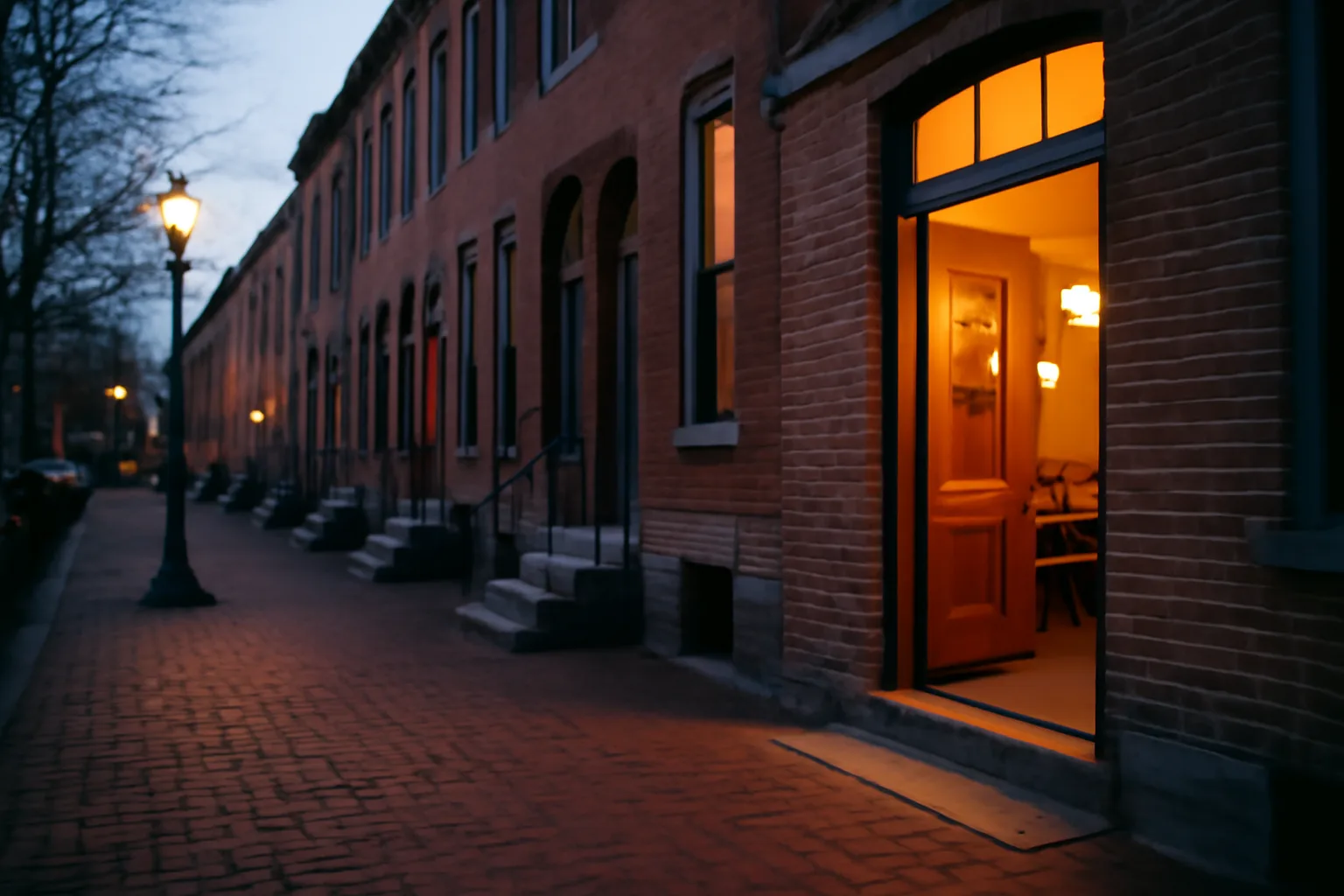 Baltimore rowhouse street at dusk near a restaurant entrance, evoking Maryland liquor laws