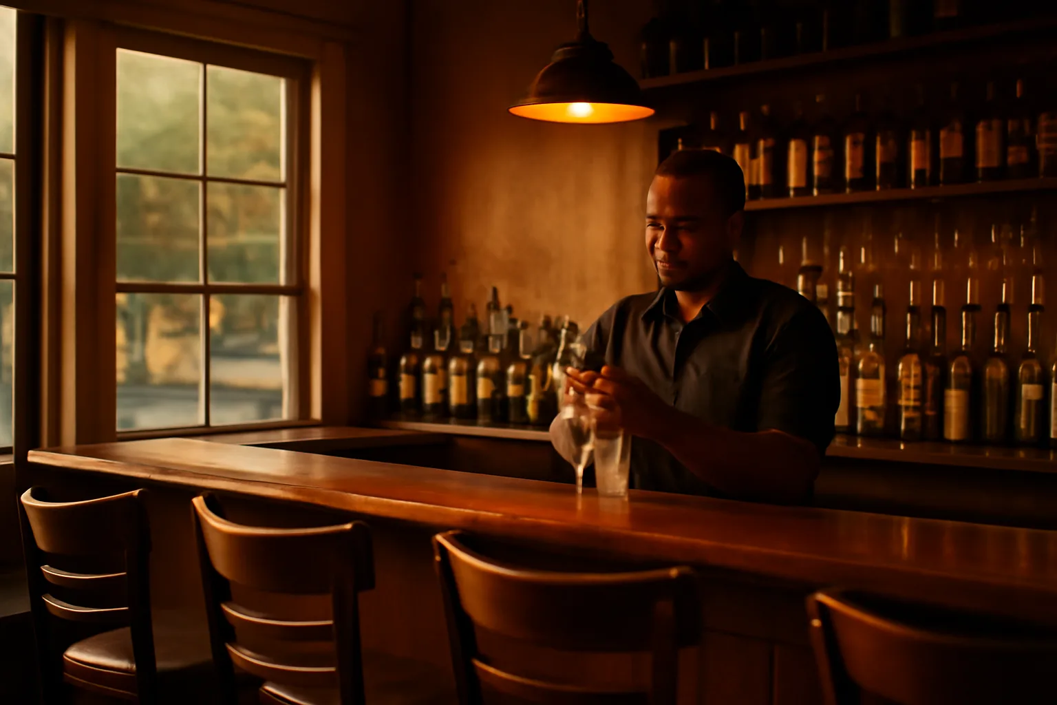 Bartender preparing a restaurant bar before opening under South Carolina liquor laws