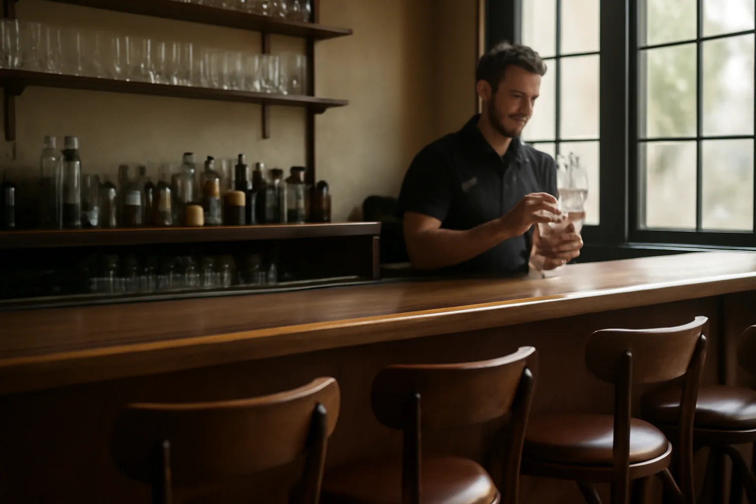 Bartender polishing glasses at an empty restaurant bar in morning light
