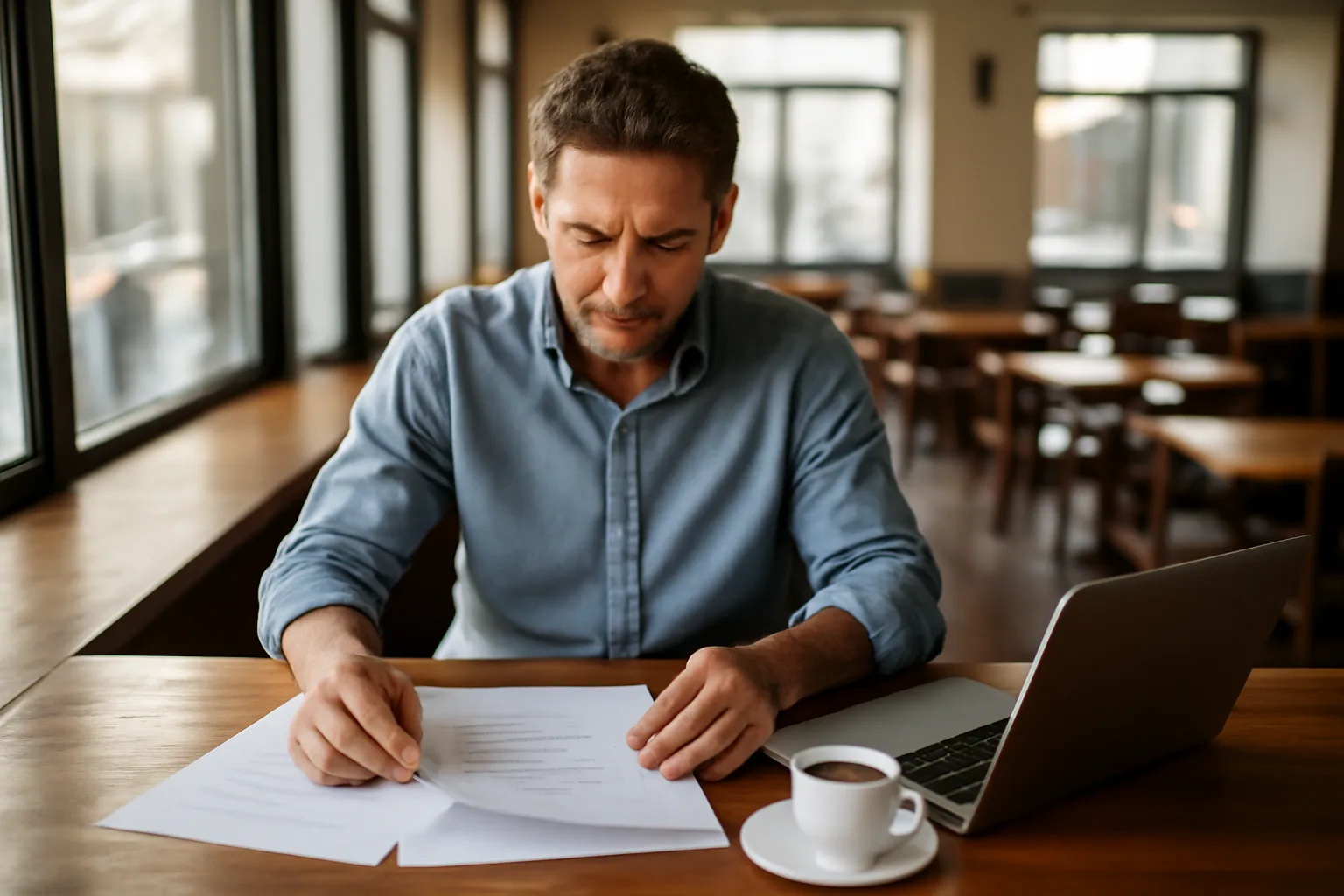 Restaurant owner reviewing liquor license application paperwork at an empty bar counter