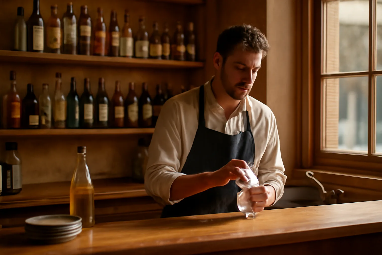 Bartender polishing a glass behind a sunlit wooden bar counter