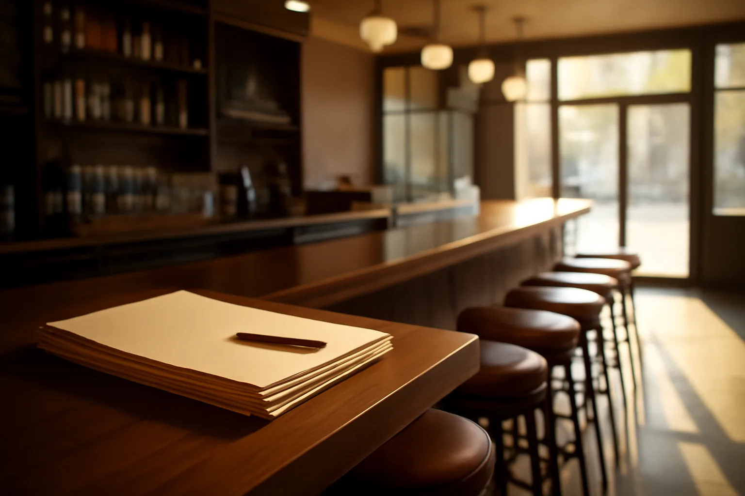 Empty restaurant bar counter with paperwork folders during a liquor license application process