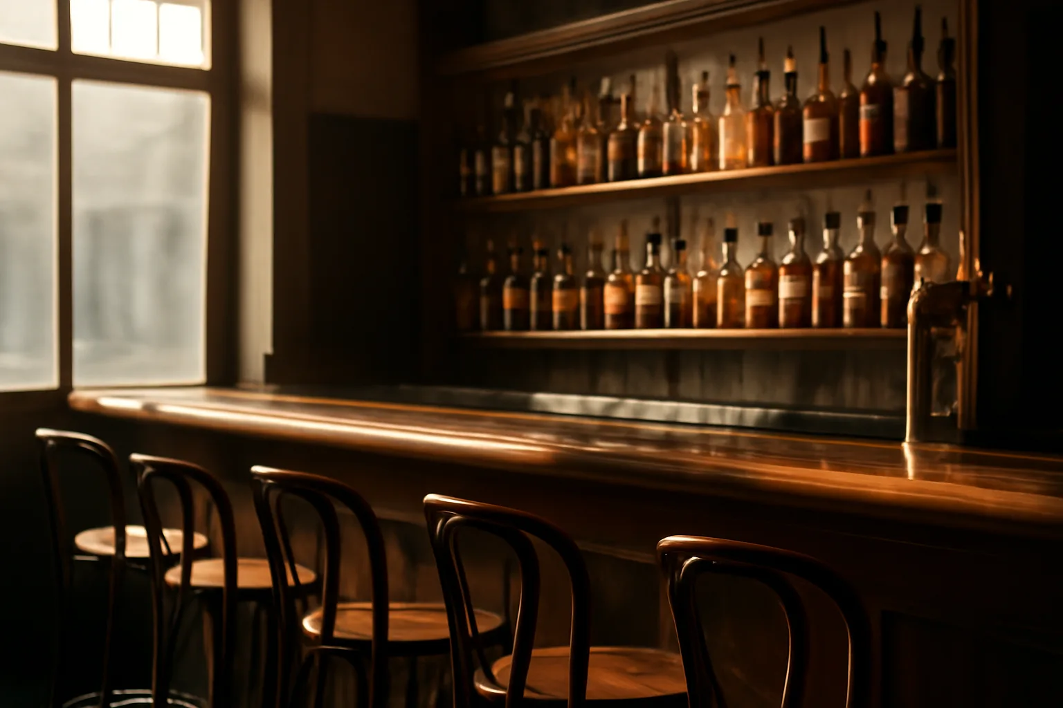 Empty restaurant bar interior lit by morning sun before an Arizona liquor license opening