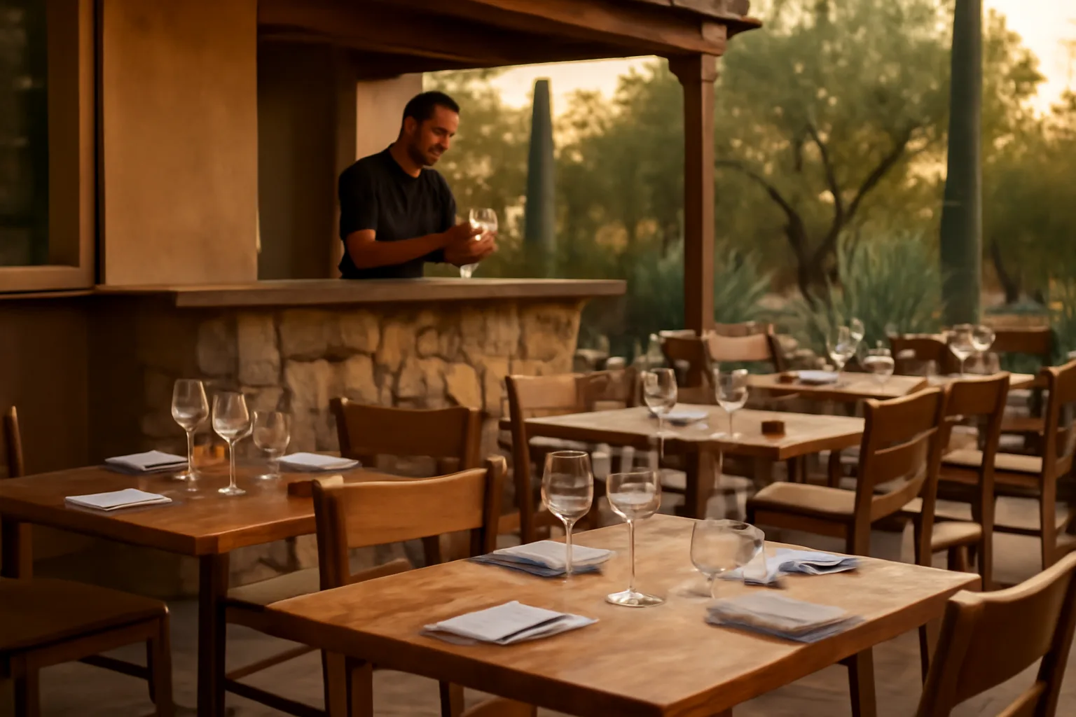 Restaurant patio and bar counter in Arizona at golden hour before opening