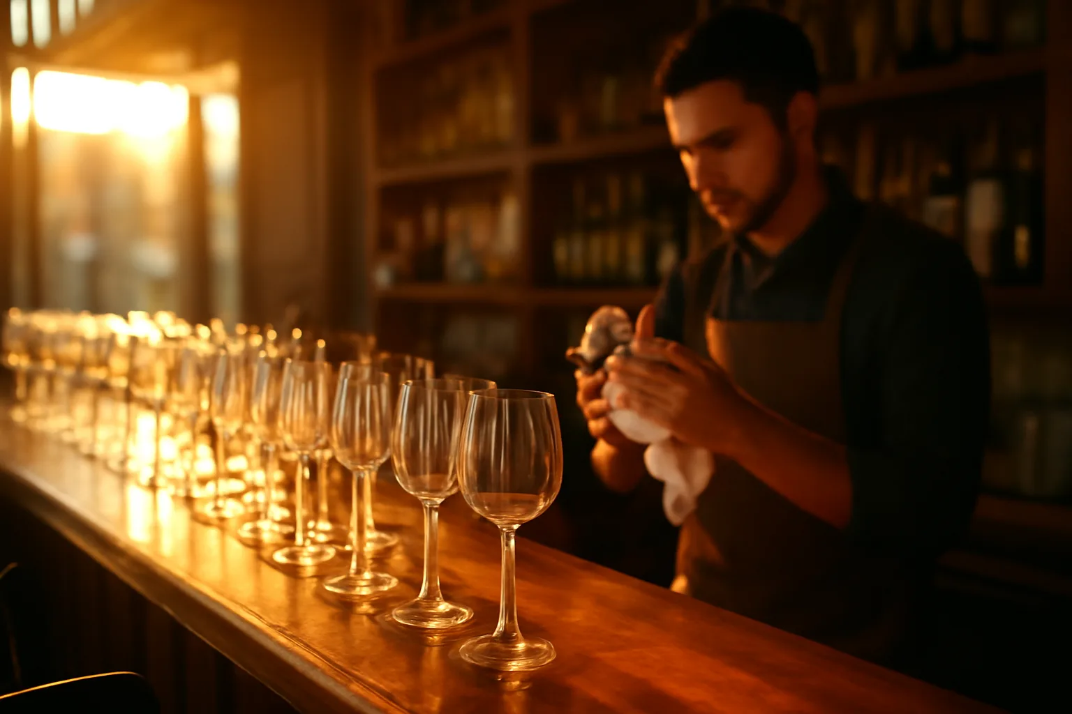 Bartender polishing glassware at a warm-lit bar, illustrating California liquor license types