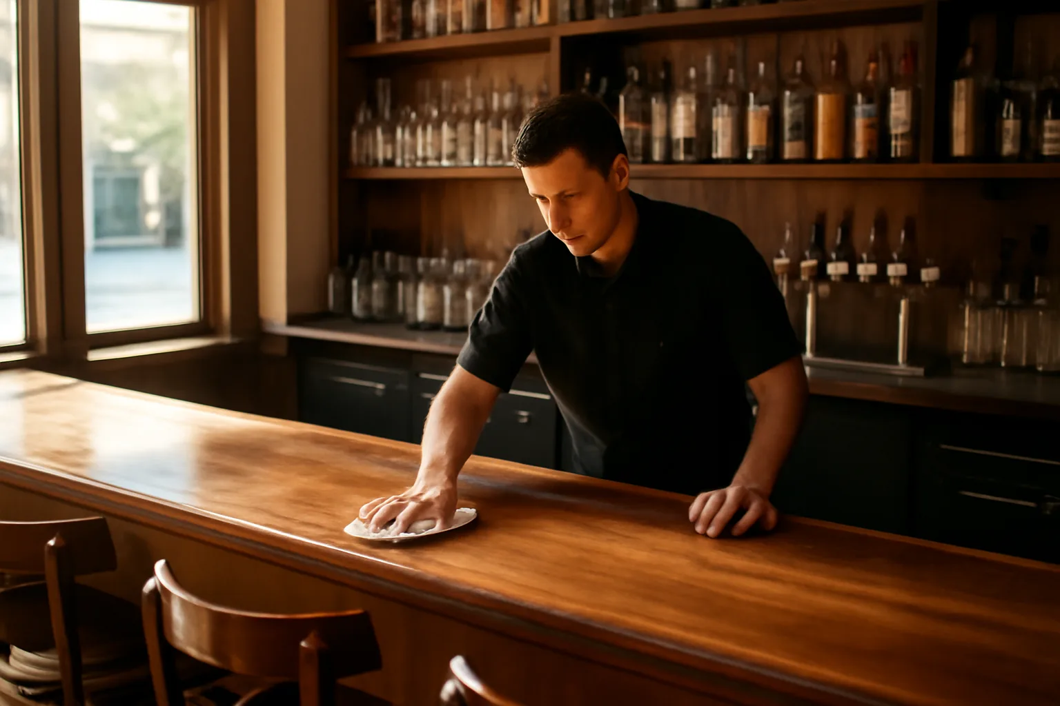 Empty restaurant bar counter in afternoon light, relevant to California liquor license planning