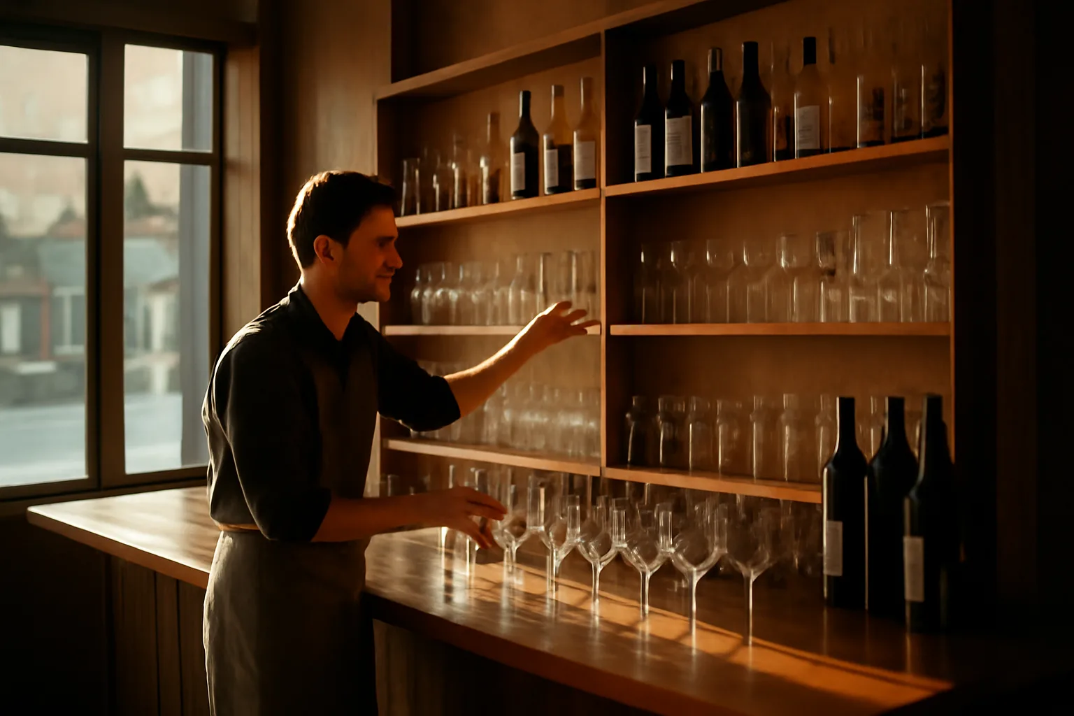Bartender arranging bottles on shelves while preparing a restaurant bar in Florida